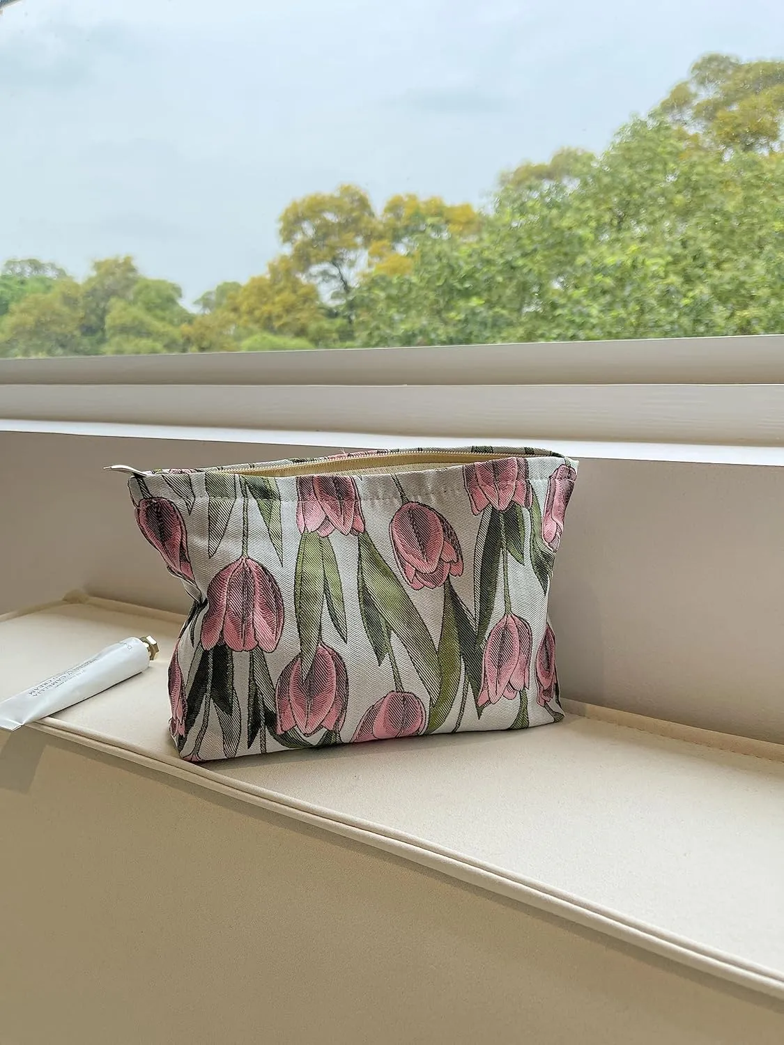 The Summer Swan | Large Aesthetic Makeup Bag Floral Mid-day Clutch Period Kit Hygiene Skincare Cute (Burgundy Tulip)