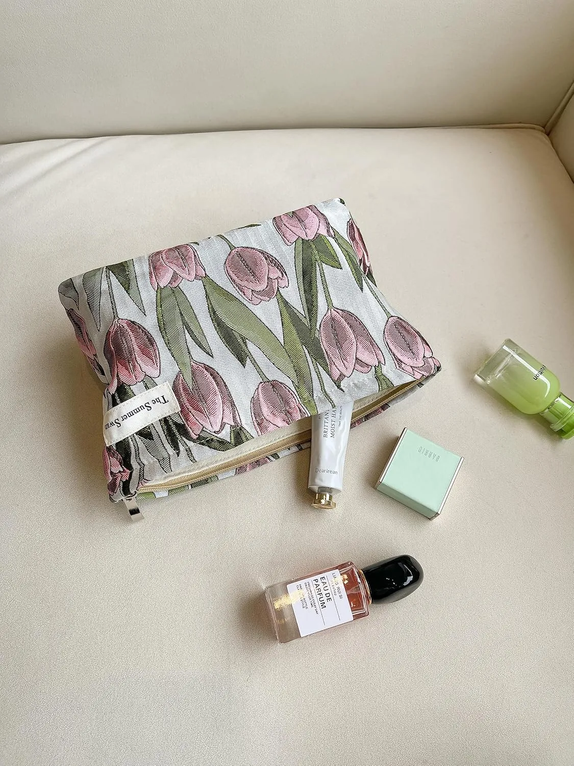 The Summer Swan | Large Aesthetic Makeup Bag Floral Mid-day Clutch Period Kit Hygiene Skincare Cute (Burgundy Tulip)