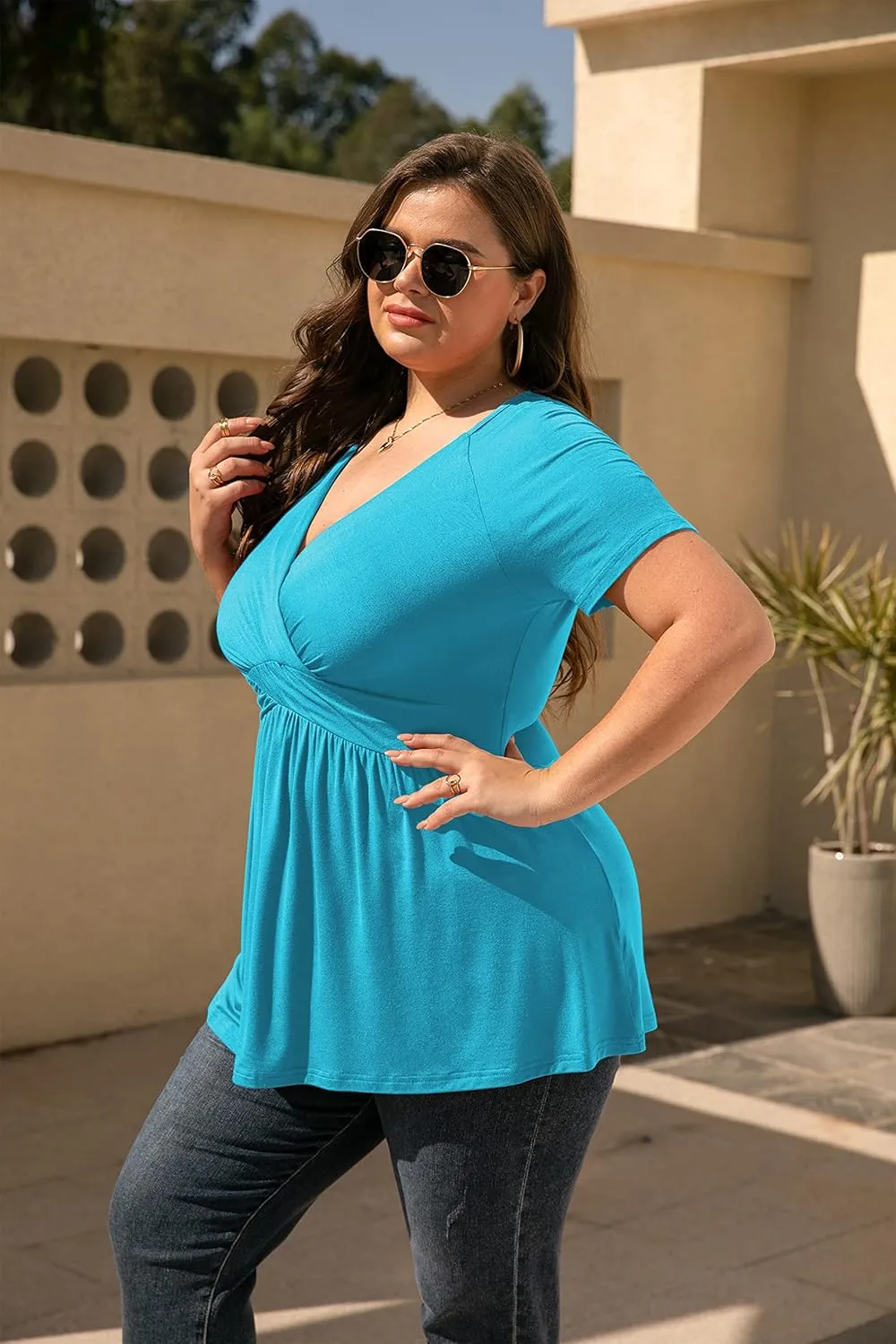 TIANZHU Women's Plus Size Dressy Tops Wrap Shirt Short Sleeve Tunic Top V Neck Low Cut Cute Blouse