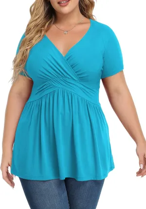 TIANZHU Women's Plus Size Dressy Tops Wrap Shirt Short Sleeve Tunic Top V Neck Low Cut Cute Blouse