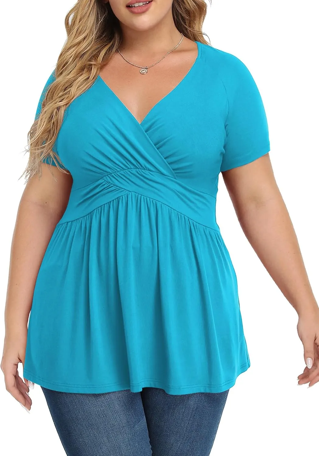 TIANZHU Women's Plus Size Dressy Tops Wrap Shirt Short Sleeve Tunic Top V Neck Low Cut Cute Blouse