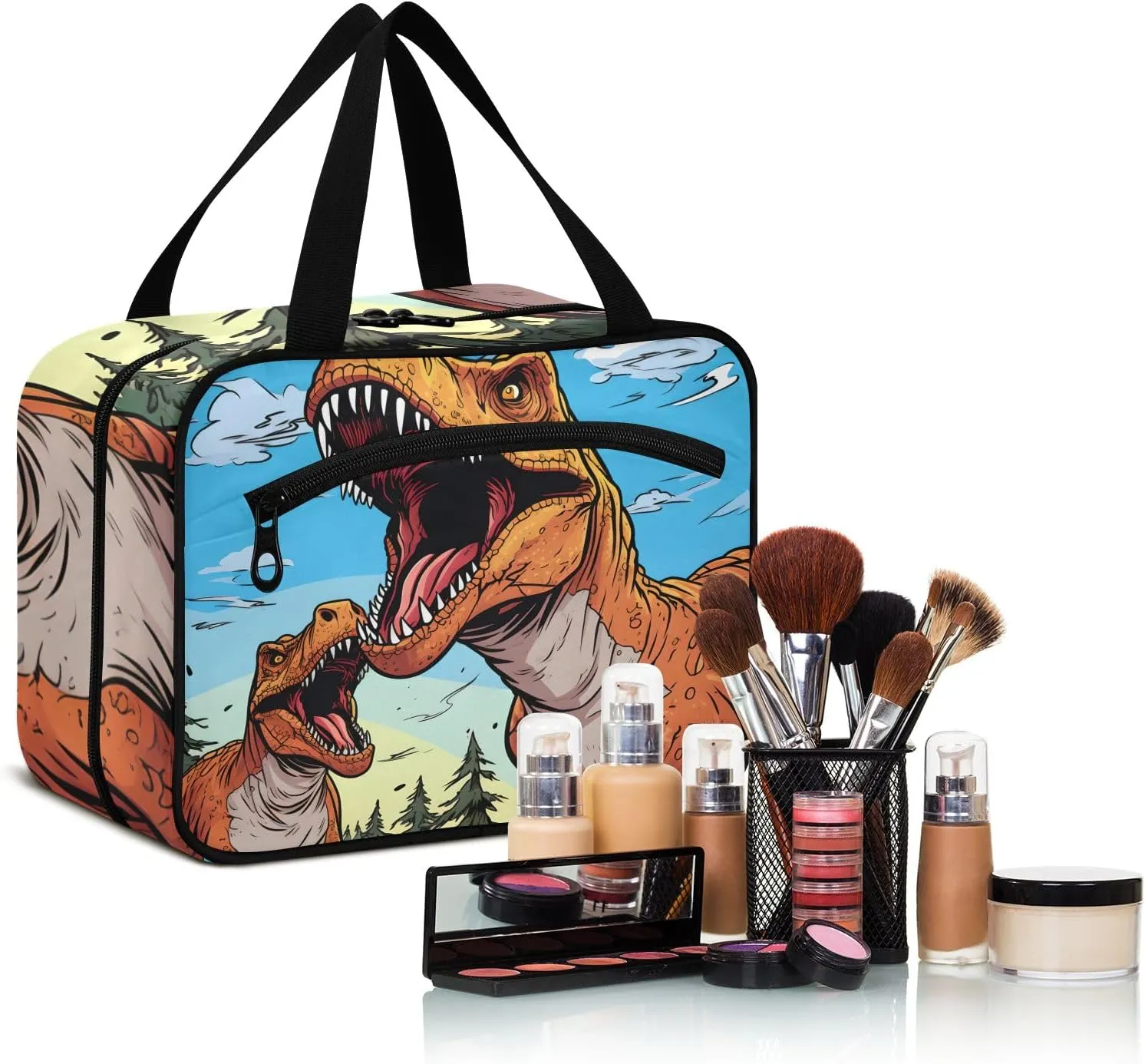 Toiletry Bag Two Roaring Dinosaurs Hanging Makeup Organizer Water Resistant Cosmetic Bag