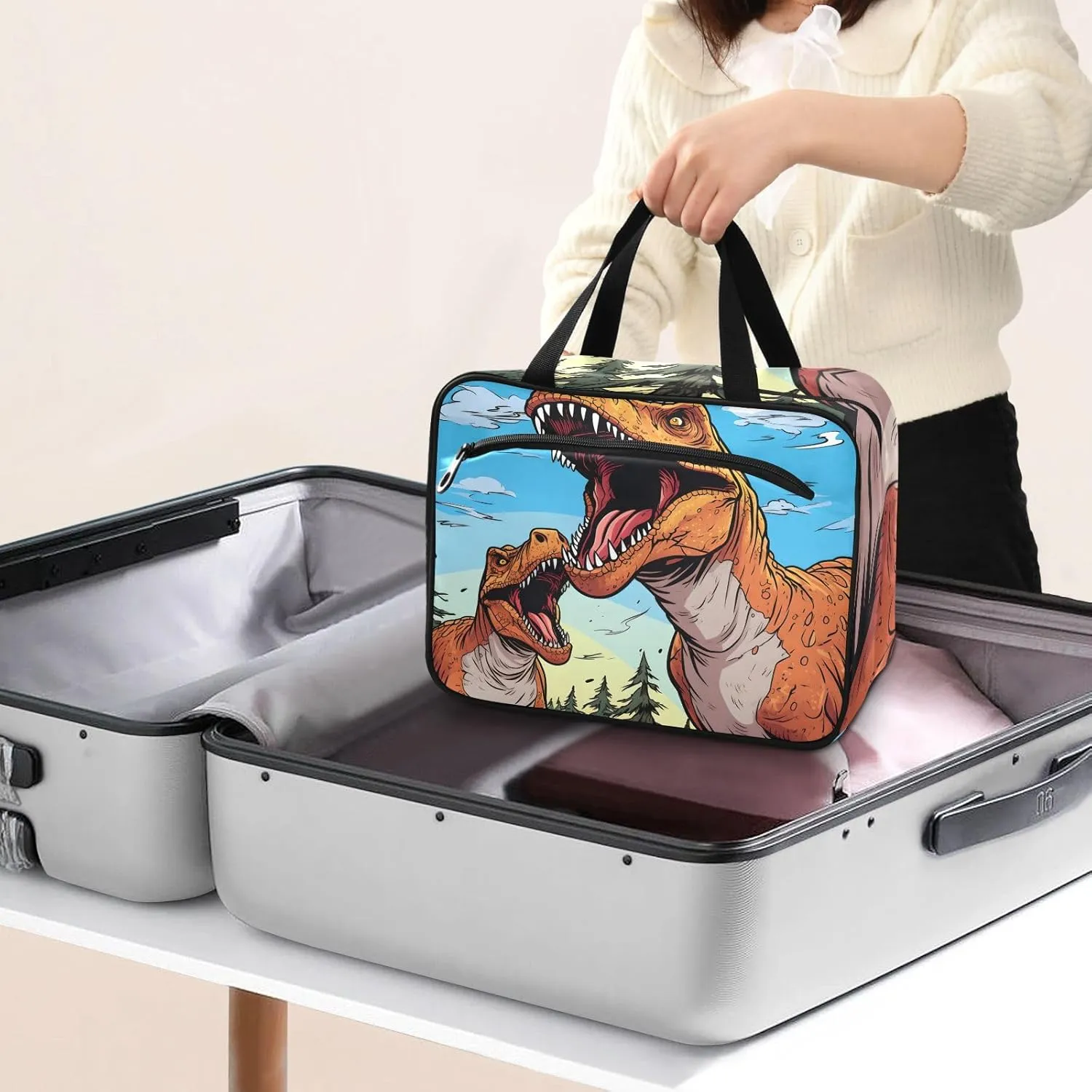 Toiletry Bag Two Roaring Dinosaurs Hanging Makeup Organizer Water Resistant Cosmetic Bag