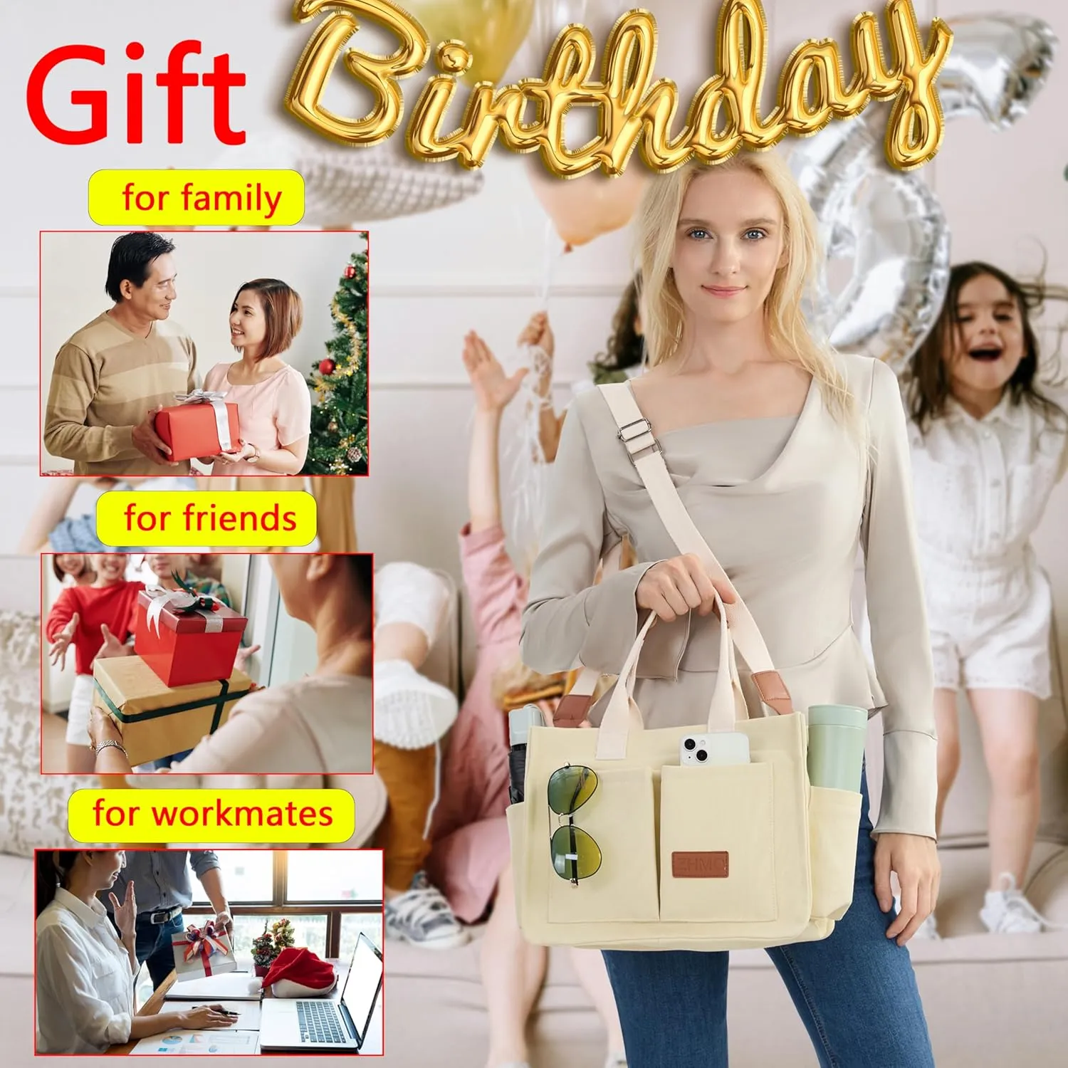 Tote Bag for Women With Compartments,Large Canvas Tote Women's Purse Crossbody Bags Work Laptop Book Bag Satchels Handbags