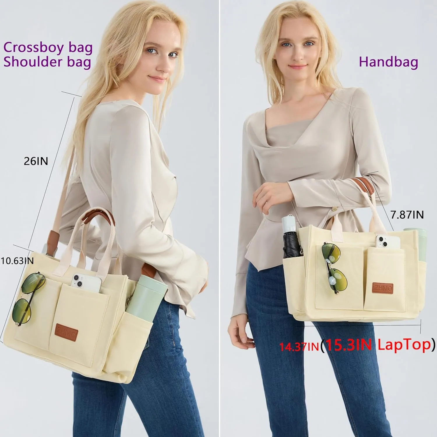 Tote Bag for Women With Compartments,Large Canvas Tote Women's Purse Crossbody Bags Work Laptop Book Bag Satchels Handbags