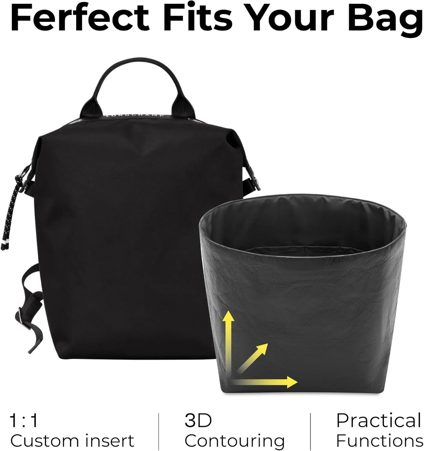 Tote Bag Organizer Insert for Le Pliage Energy L Backpack, Custom Fit Inside Premium Matte Black Large Lightweight WaterResistant Purse Insert with Cup Holder Accessories