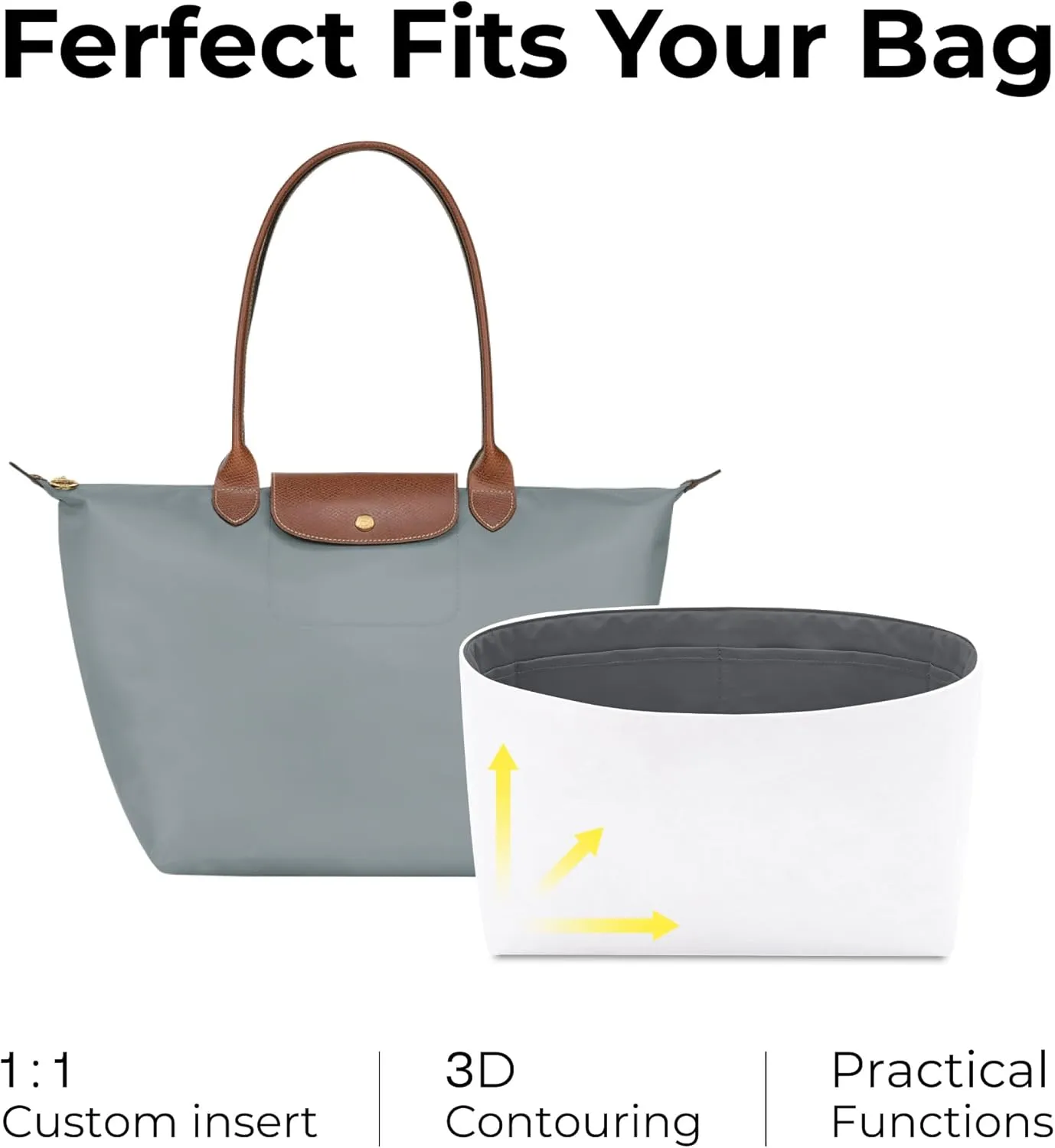 Tote Bag Organizer Insert for Longchamp Le Pliage Original L Tote Bag,Custom Fit Inside Premium Slate Gray Large Lightweight WaterResistant Purse Insert with Cup Holder Accessories