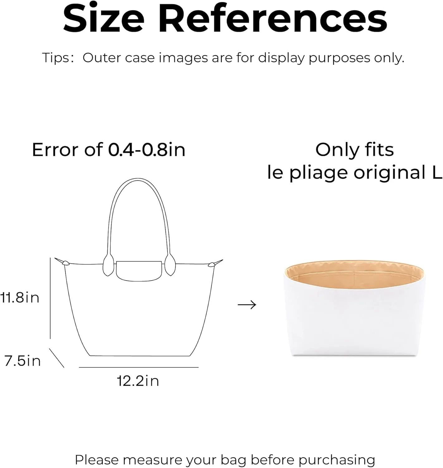 Tote Bag Organizer Insert for Longchamp Le Pliage Original L Tote Bag,Custom Fit Inside Premium Vanile Lightweight WaterResistant Purse Insert with Cup Holder Accessories