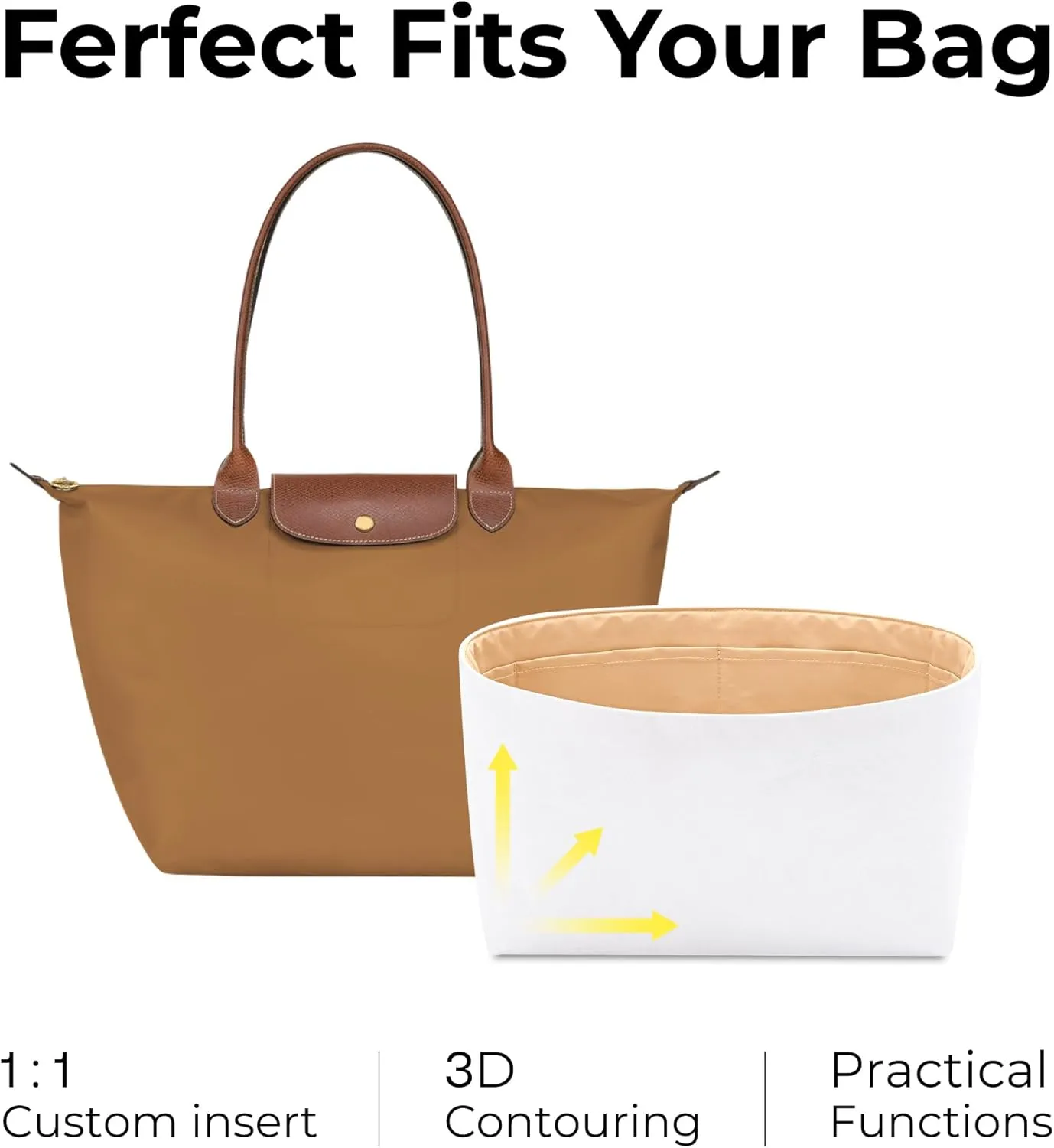 Tote Bag Organizer Insert for Longchamp Le Pliage Original L Tote Bag,Custom Fit Inside Premium Vanile Lightweight WaterResistant Purse Insert with Cup Holder Accessories