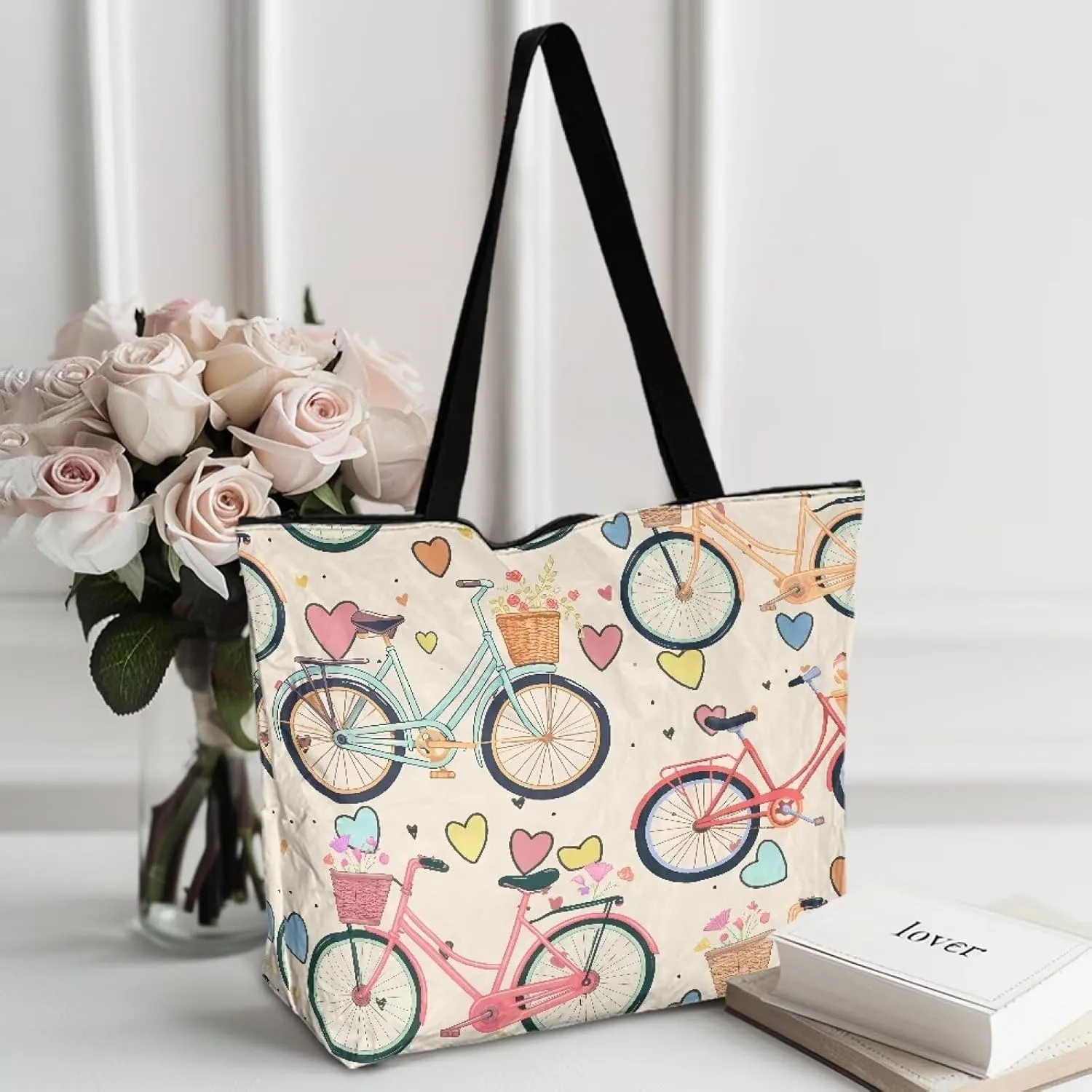 Tote Paper Bag USA Flag Shoulder Bag with Zippers, Jeans Pocket Puppy Large Shopping Beach Bags Handle Book Tote