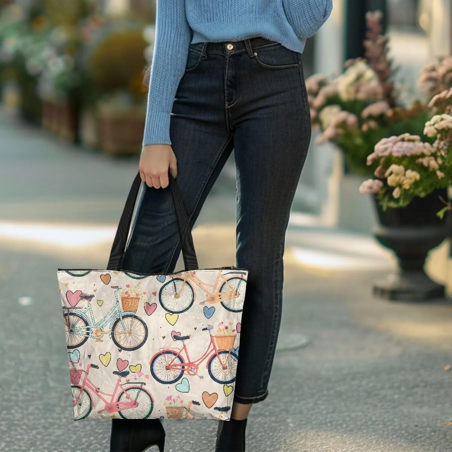 Tote Paper Bag USA Flag Shoulder Bag with Zippers, Jeans Pocket Puppy Large Shopping Beach Bags Handle Book Tote