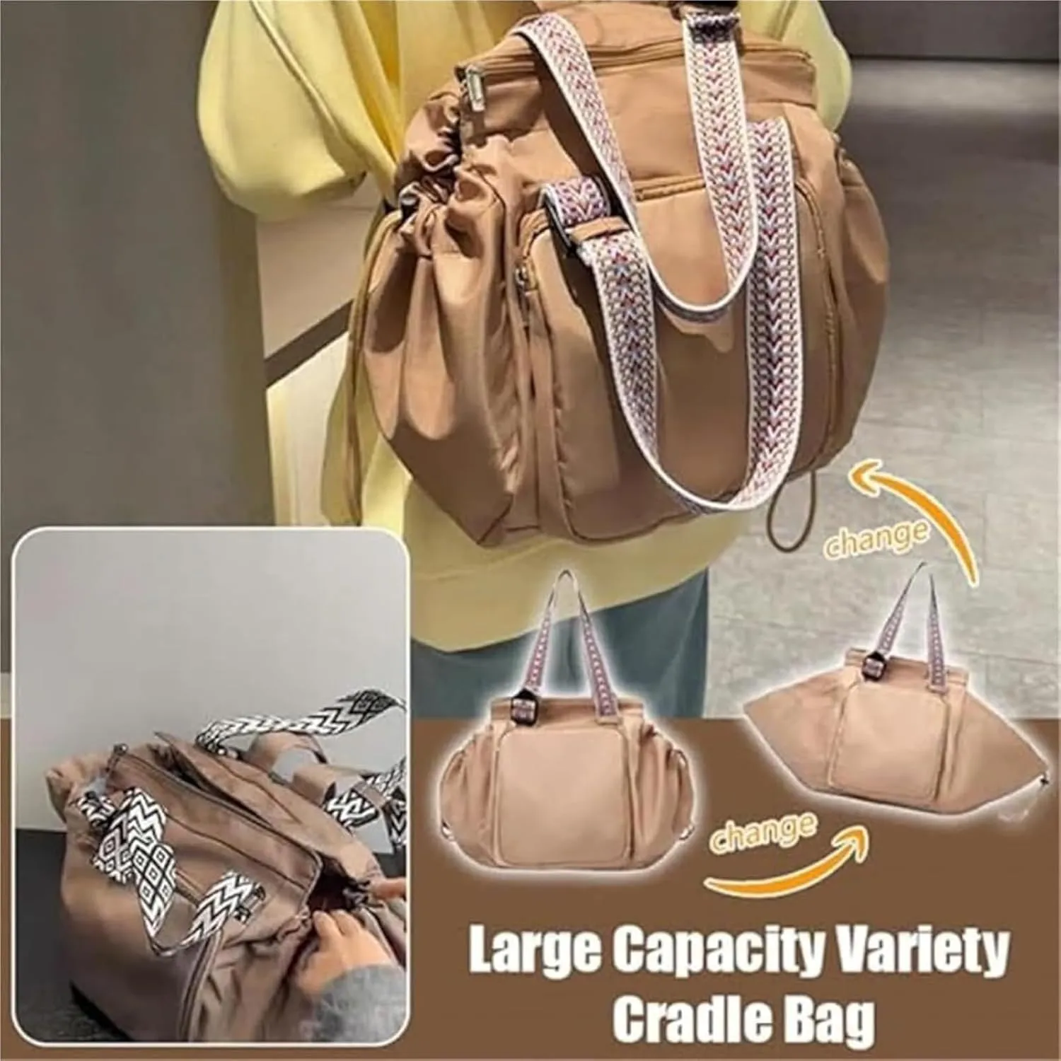 Transformable Cradle Bag Travel Storage Bag, Versatile Large Capability Travel Bag, Storage Duffel Bag with Handles (Khaki)