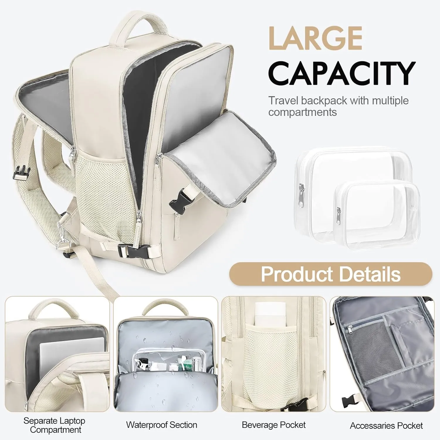 Travel Backpack for Men Women, Airline Approved Carry-on Backpack Luggage, Personal Item Backpack Bag, Large Gym Work Backpack, Beige