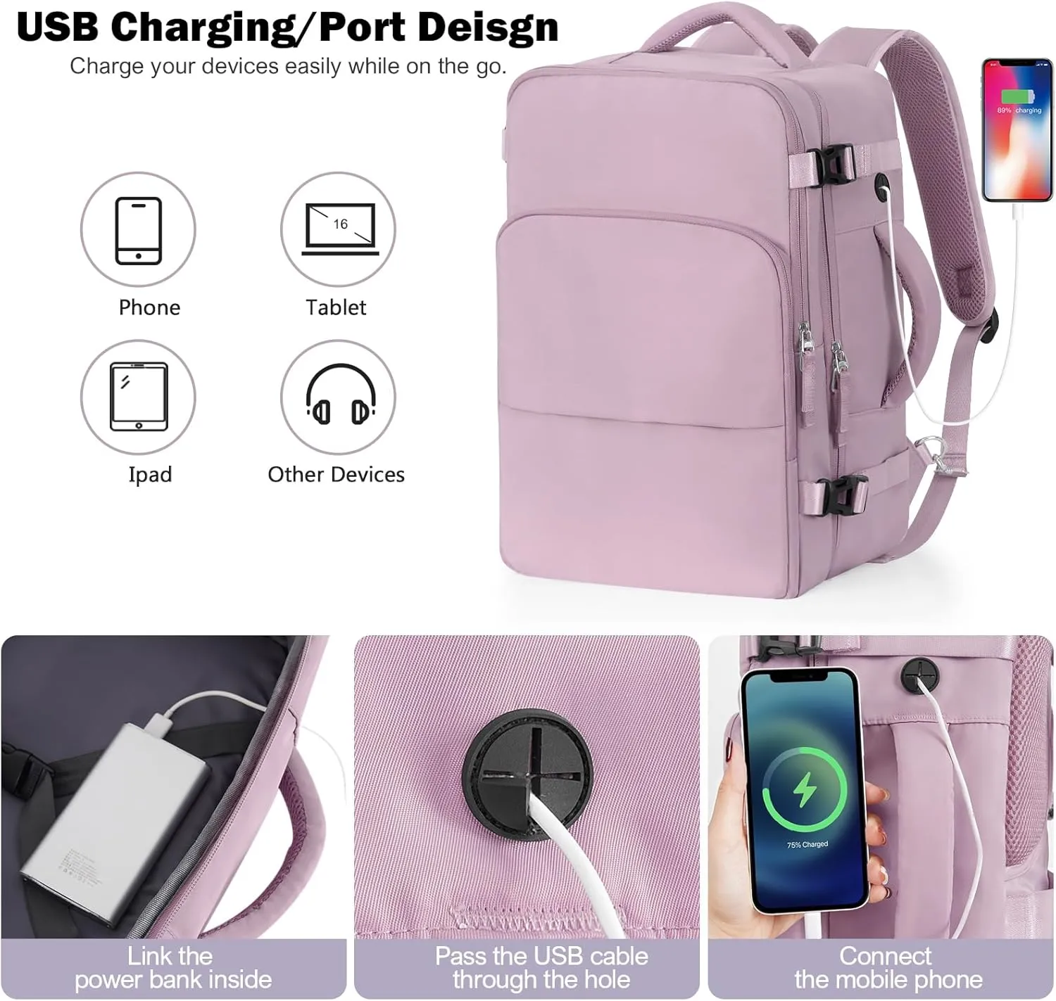 Travel Backpack for Men Women, Carry on Backpack Flight Approved, Personal Item Backpack Bag on Airplanes,Backpacks for Traveling, Travel Essentials,light Purple