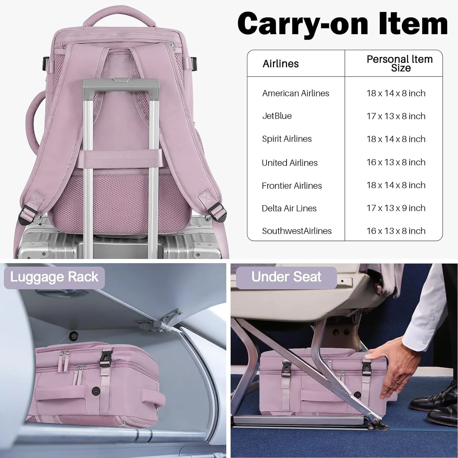 Travel Backpack for Men Women, Carry on Backpack Flight Approved, Personal Item Backpack Bag on Airplanes,Backpacks for Traveling, Travel Essentials,light Purple