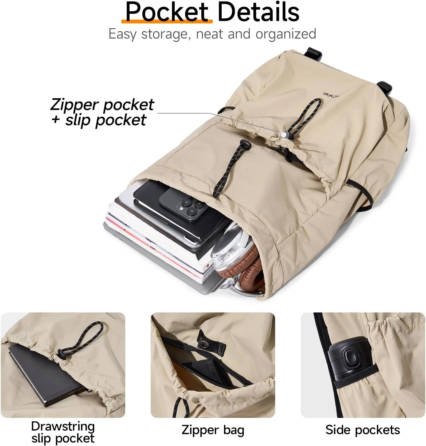 Travel Backpack for Men Women Lightweight Casual Daypacks with 16 Inch Laptop Compartment, Drawstring Hiking Backpack Waterproof (Beige)