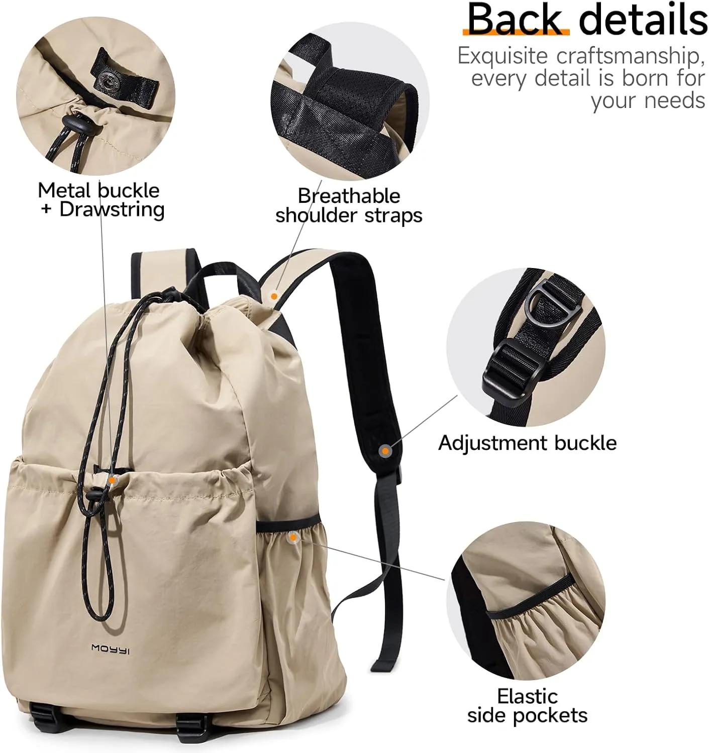 Travel Backpack for Men Women Lightweight Casual Daypacks with 16 Inch Laptop Compartment, Drawstring Hiking Backpack Waterproof (Beige)