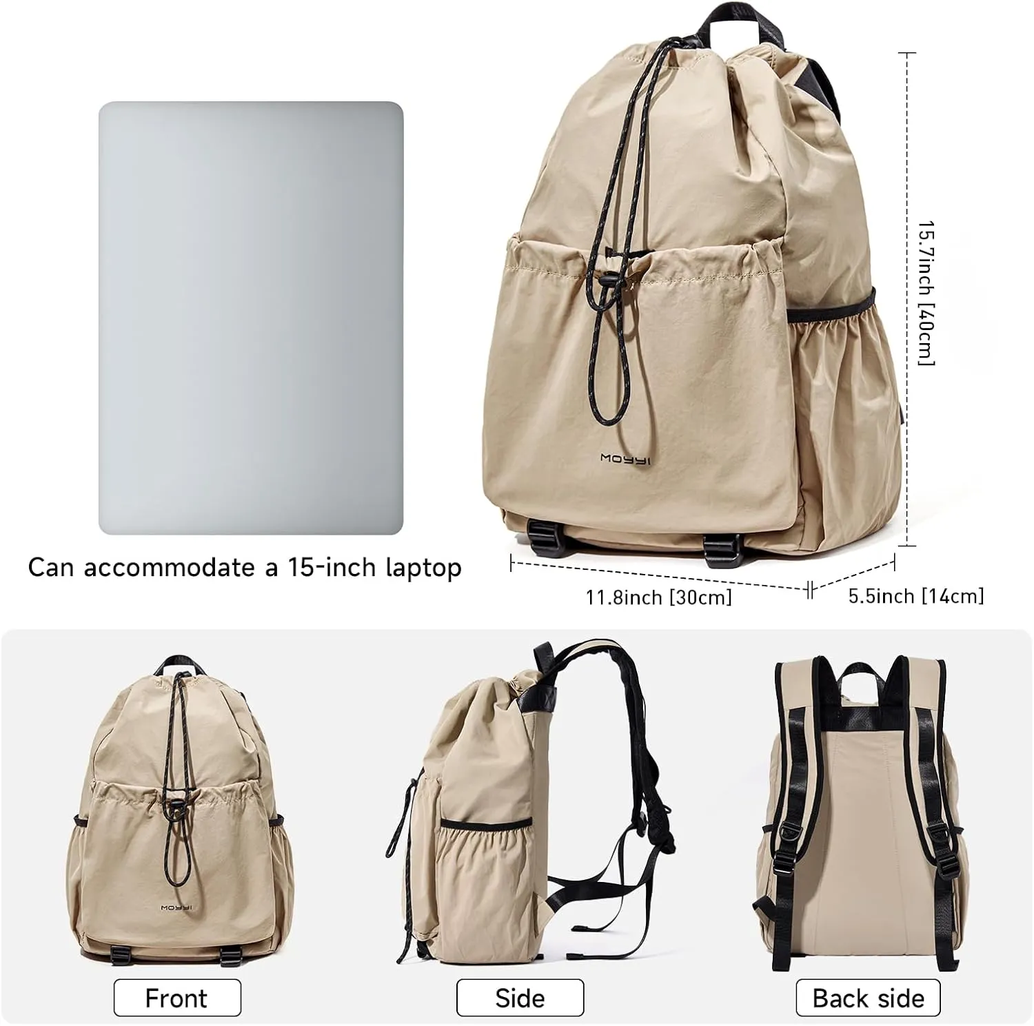 Travel Backpack for Men Women Lightweight Casual Daypacks with 16 Inch Laptop Compartment, Drawstring Hiking Backpack Waterproof (Beige)