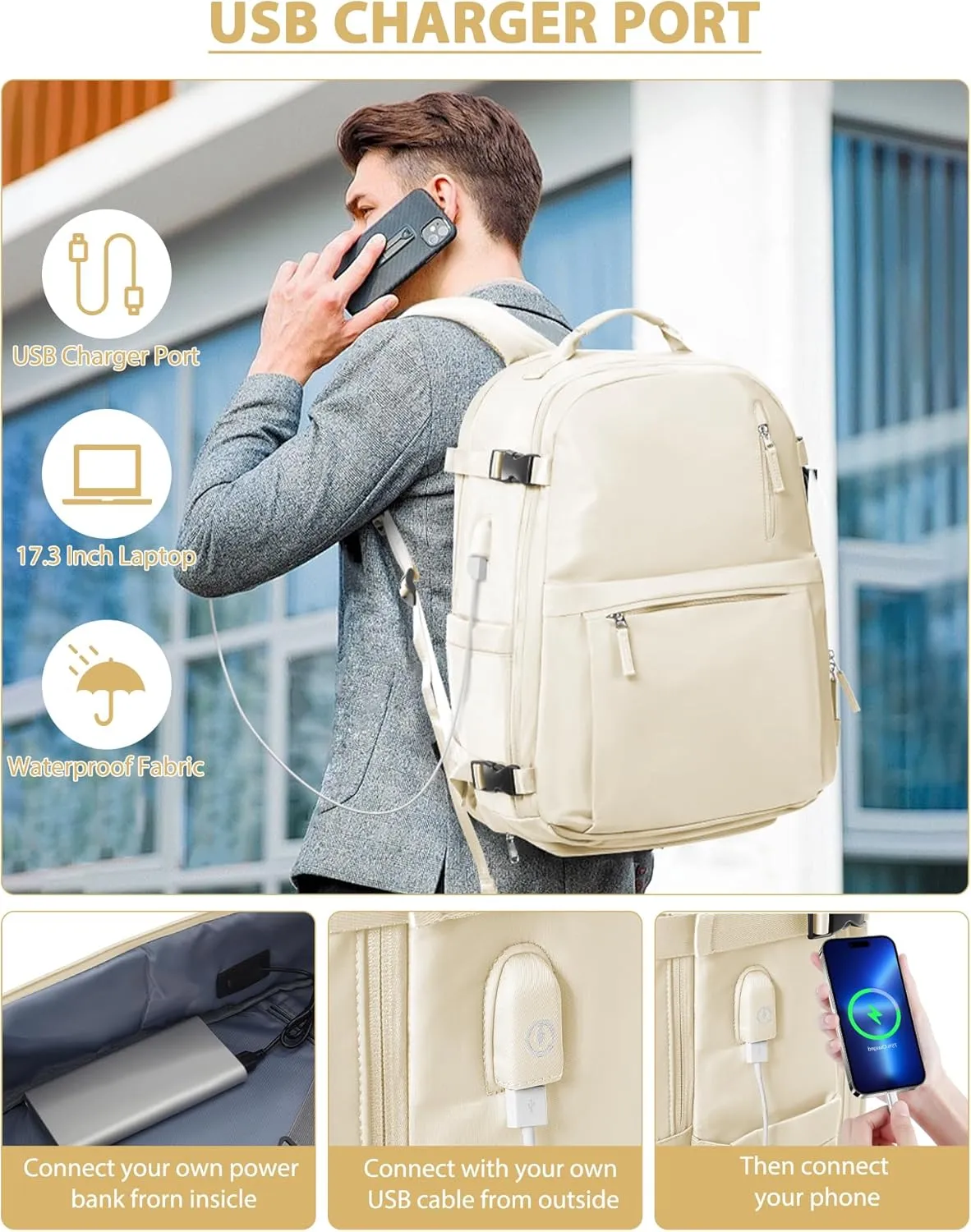 Travel Backpack for Men Women,Carry-on Backpack Bag Luggage Business Laptop Backpack Flight Approved College Backpack Personal Item Travel Bag Rucksack Casual Daypack for Business Weekend Hiking Beige