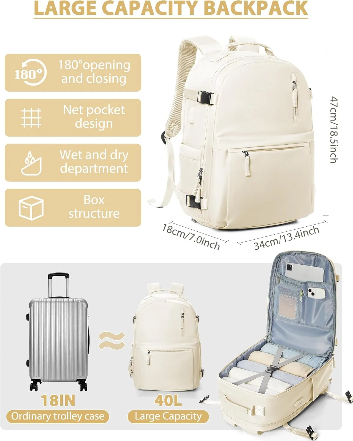 Travel Backpack for Men Women,Carry-on Backpack Bag Luggage Business Laptop Backpack Flight Approved College Backpack Personal Item Travel Bag Rucksack Casual Daypack for Business Weekend Hiking Beige