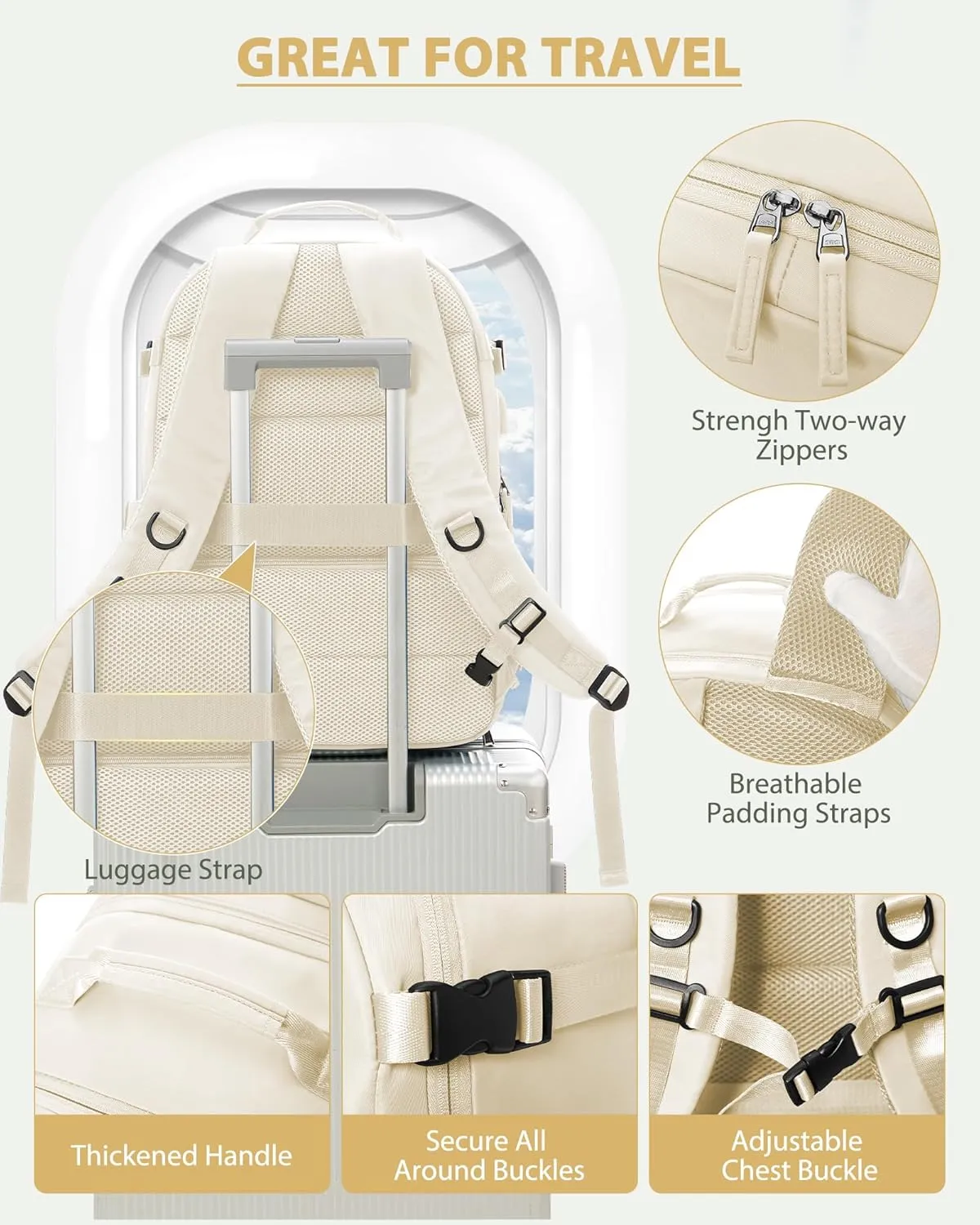 Travel Backpack for Men Women,Carry-on Backpack Bag Luggage Business Laptop Backpack Flight Approved College Backpack Personal Item Travel Bag Rucksack Casual Daypack for Business Weekend Hiking Beige