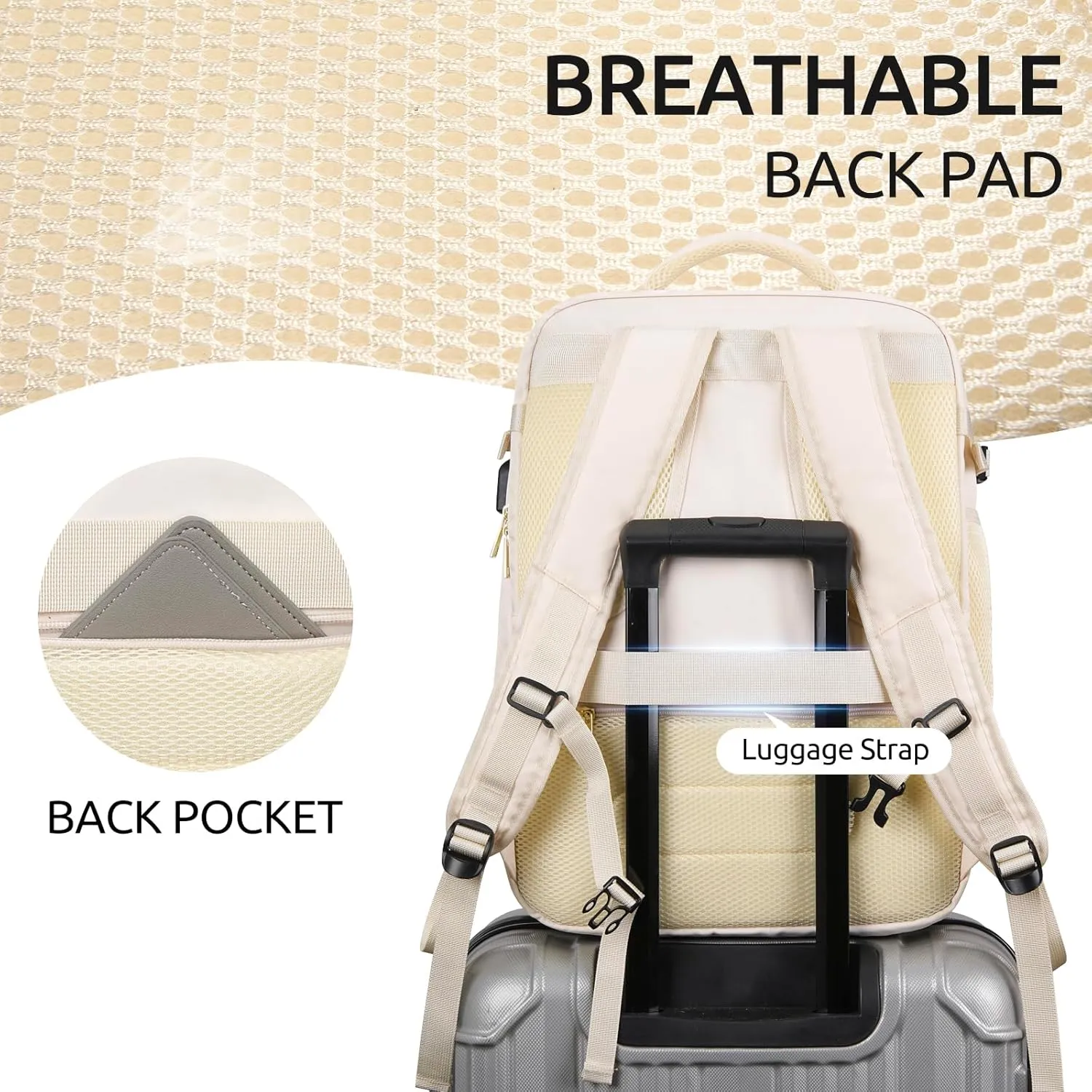 Travel Backpack for Women, Carry On Backpack for Airplanes Flight Approved, Waterproof Large Weekender Overnight Bag Fit 17 Inch Laptop with USB Charging Port, Beige