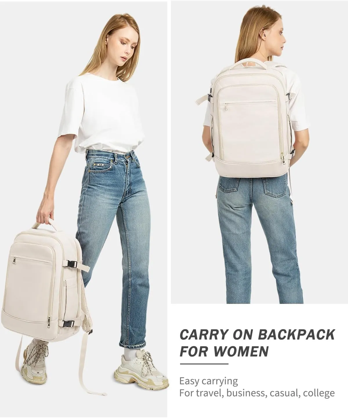 Travel Backpack for Women Men, 40L Carry on Flight Approved Backpack, Personal Item Travel Bag with Multi-Pockets, Waterproof Travel Bag Fits 17 Inch Laptop, Gift for Weekender, College, Work, Beige