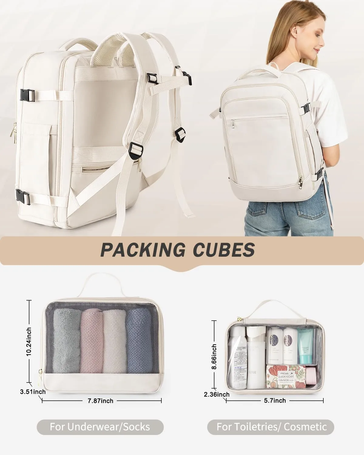 Travel Backpack for Women Men, 40L Carry on Flight Approved Backpack, Personal Item Travel Bag with Multi-Pockets, Waterproof Travel Bag Fits 17 Inch Laptop, Gift for Weekender, College, Work, Beige