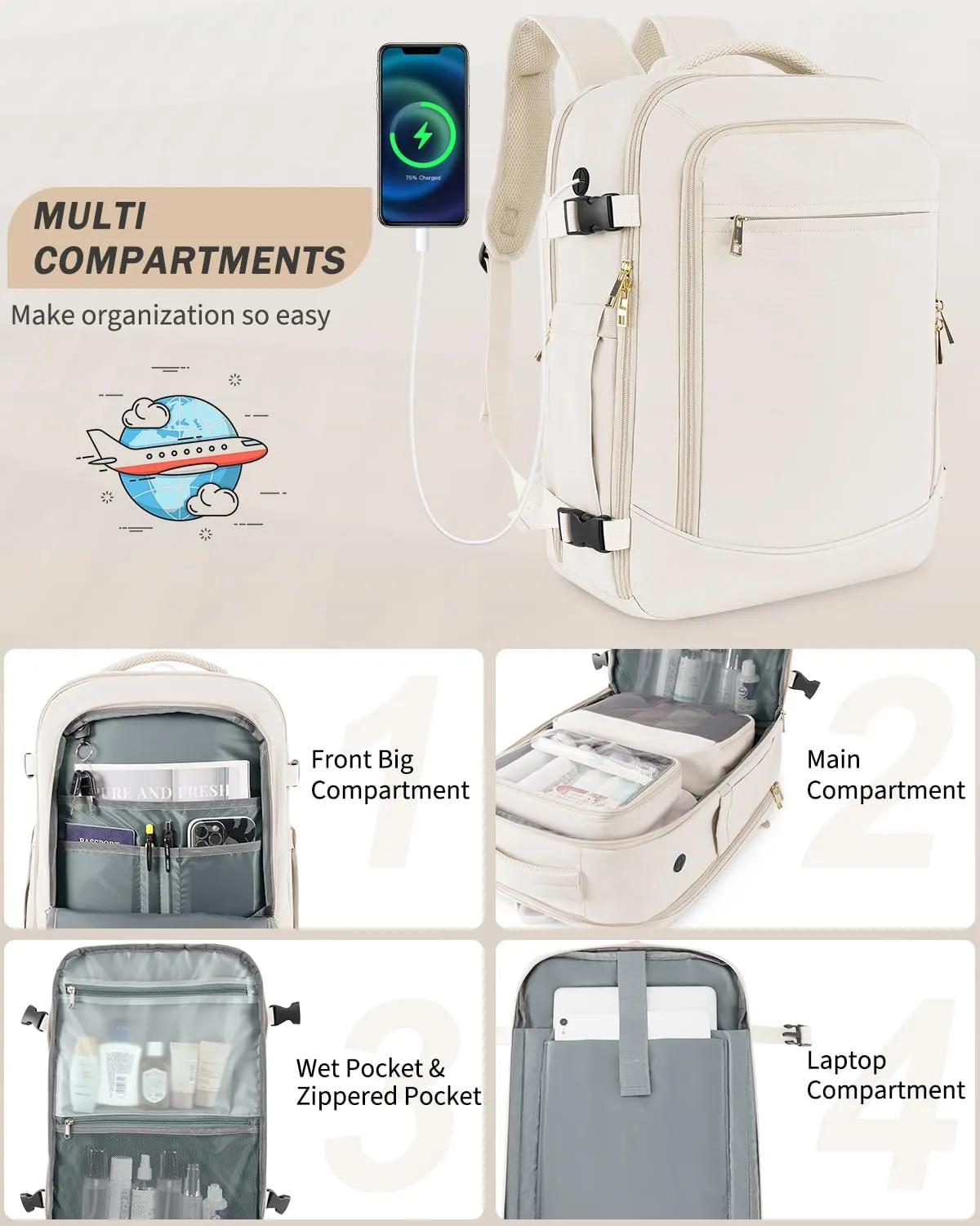Travel Backpack for Women Men, 40L Carry on Flight Approved Backpack, Personal Item Travel Bag with Multi-Pockets, Waterproof Travel Bag Fits 17 Inch Laptop, Gift for Weekender, College, Work, Beige