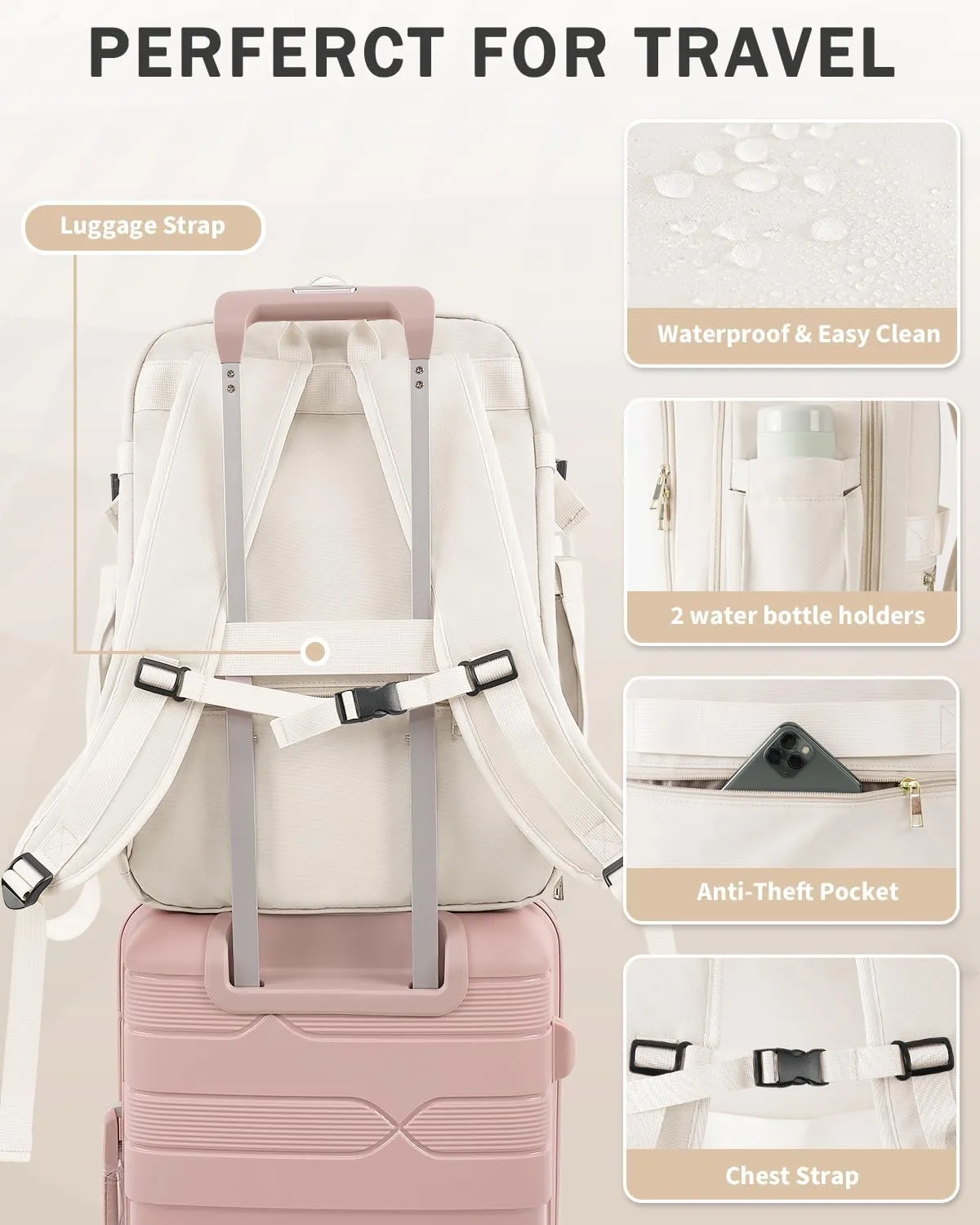 Travel Backpack for Women Men, 40L Carry on Flight Approved Backpack, Personal Item Travel Bag with Multi-Pockets, Waterproof Travel Bag Fits 17 Inch Laptop, Gift for Weekender, College, Work, Beige