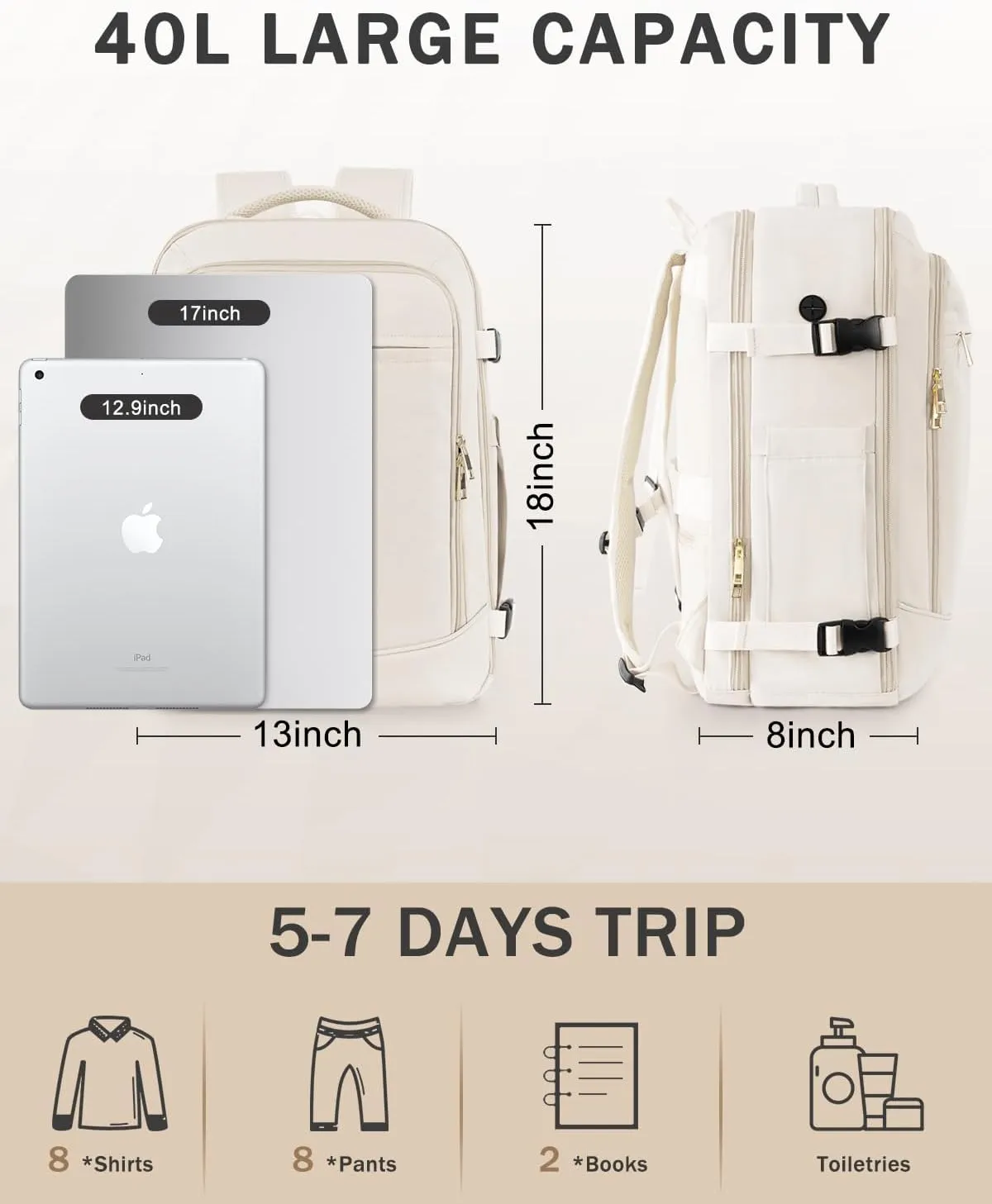 Travel Backpack for Women Men, 40L Carry on Flight Approved Backpack, Personal Item Travel Bag with Multi-Pockets, Waterproof Travel Bag Fits 17 Inch Laptop, Gift for Weekender, College, Work, Beige