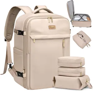 Travel Backpack for Women Men 40L Expandable Carry on Backpack for Airplanes with 3 Packing Cubes Large Traveling Bookbag 17" Laptop Suitcase Bag Beige