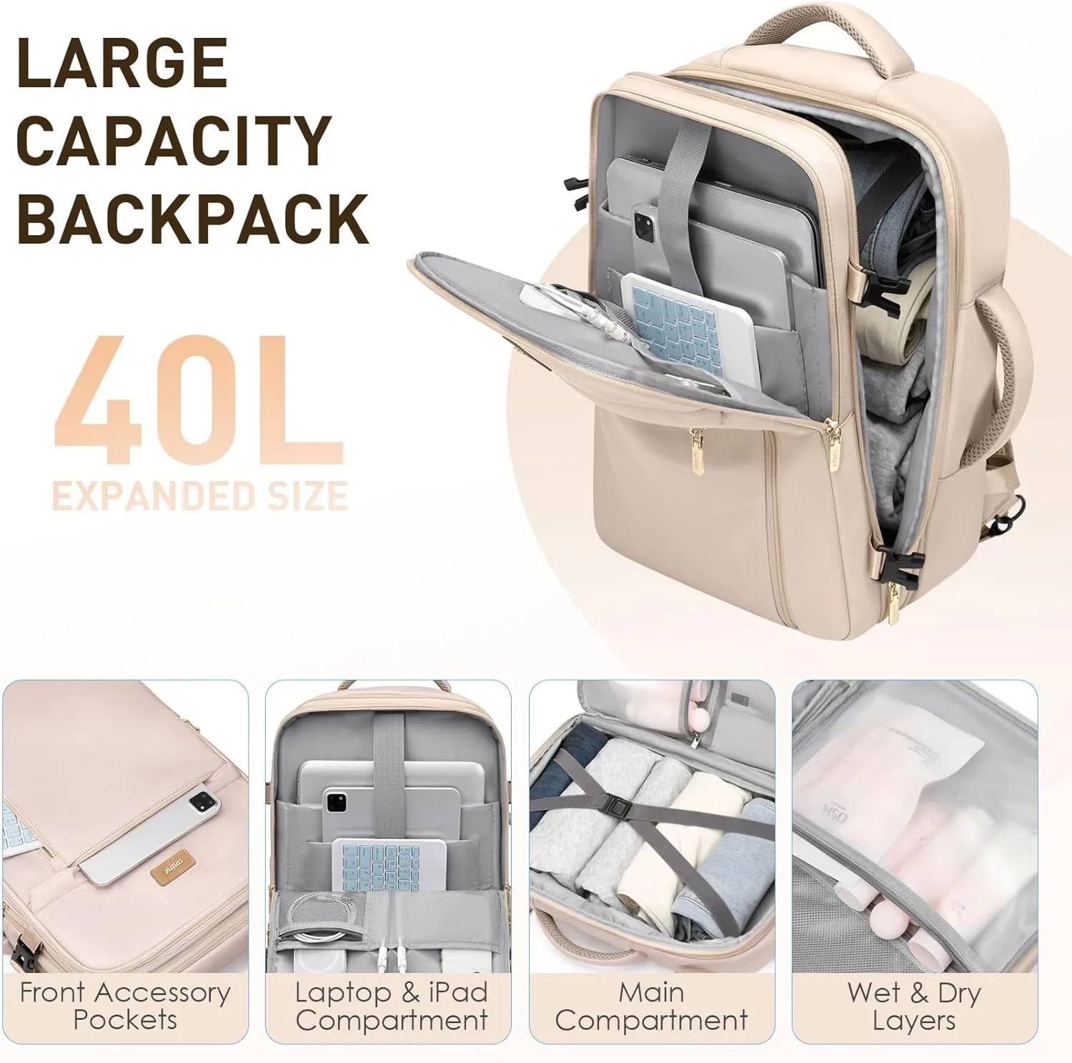 Travel Backpack for Women Men 40L Expandable Carry on Backpack for Airplanes with 3 Packing Cubes Large Traveling Bookbag 17" Laptop Suitcase Bag Beige