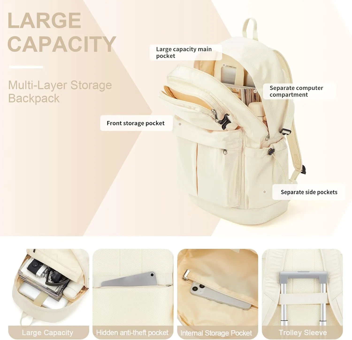 Travel Backpack For Women Men Airline Approved Carry On Backpack Waterproof Laptop backpack 15.6 Inch Lightweight Work College Backpack(Beige)