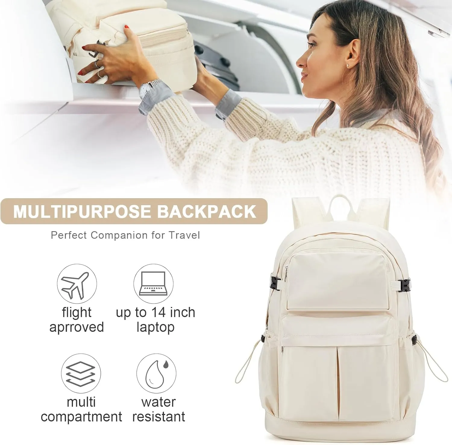 Travel Backpack For Women Men Airline Approved Carry On Backpack Waterproof Laptop backpack 15.6 Inch Lightweight Work College Backpack(Beige)