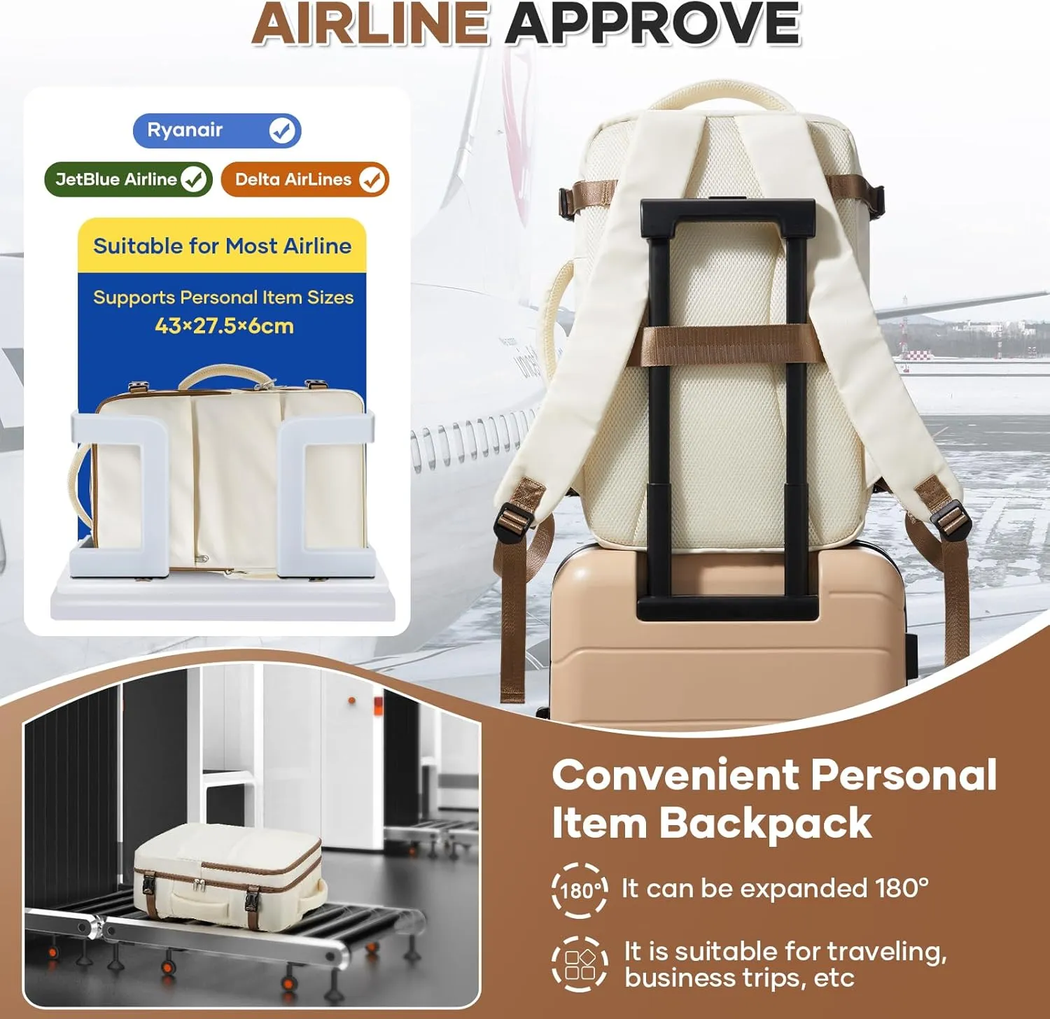 Travel Backpack For Women Men Carry on Backpack Luggage Flight Approved Personal item Travel Bag Essentials Mochila de viaje Laptop College Backpack Beige Brown