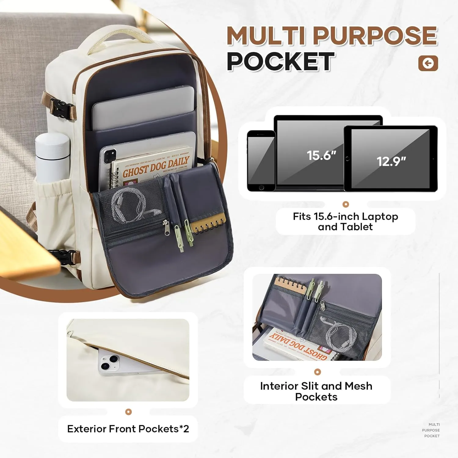 Travel Backpack For Women Men Carry on Backpack Luggage Flight Approved Personal item Travel Bag Essentials Mochila de viaje Laptop College Backpack Beige Brown