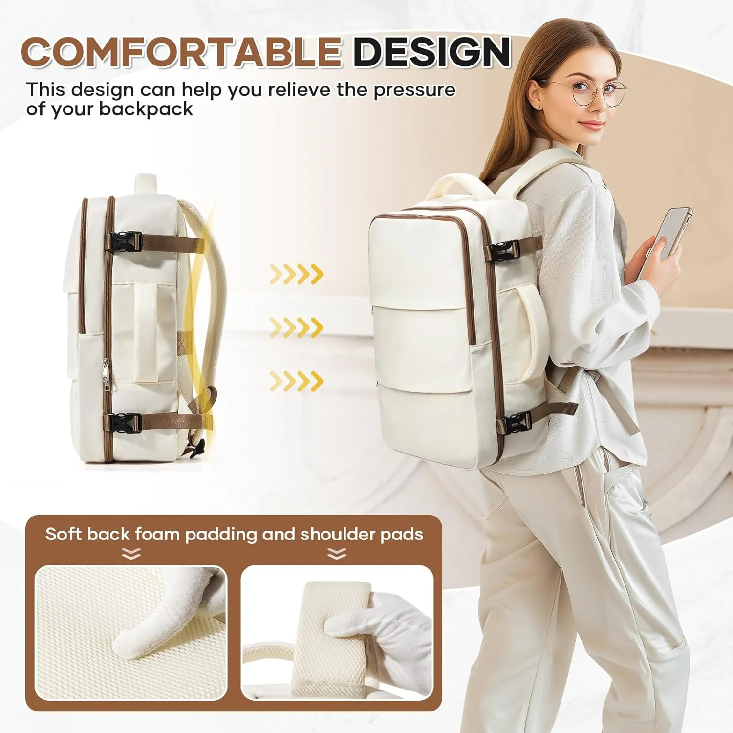 Travel Backpack For Women Men Carry on Backpack Luggage Flight Approved Personal item Travel Bag Essentials Mochila de viaje Laptop College Backpack Beige Brown