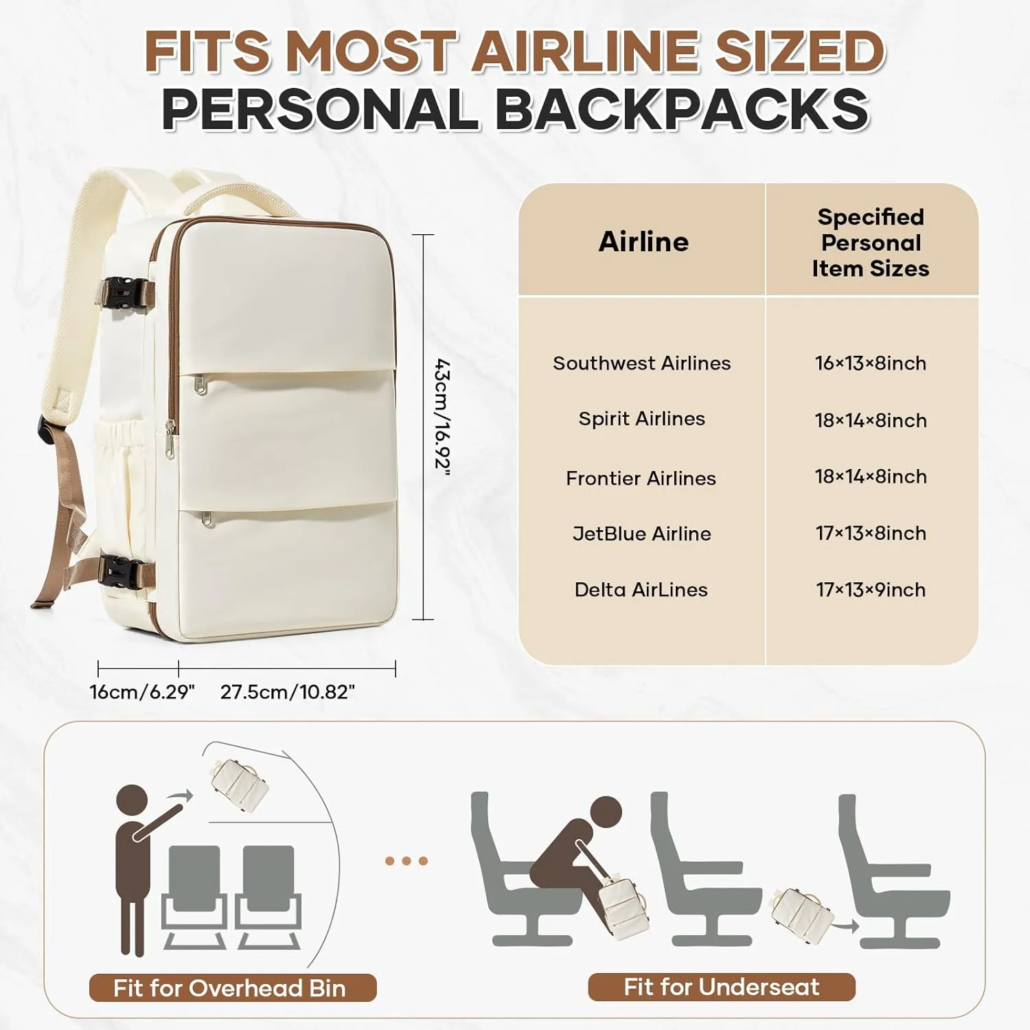 Travel Backpack For Women Men Carry on Backpack Luggage Flight Approved Personal item Travel Bag Essentials Mochila de viaje Laptop College Backpack Beige Brown