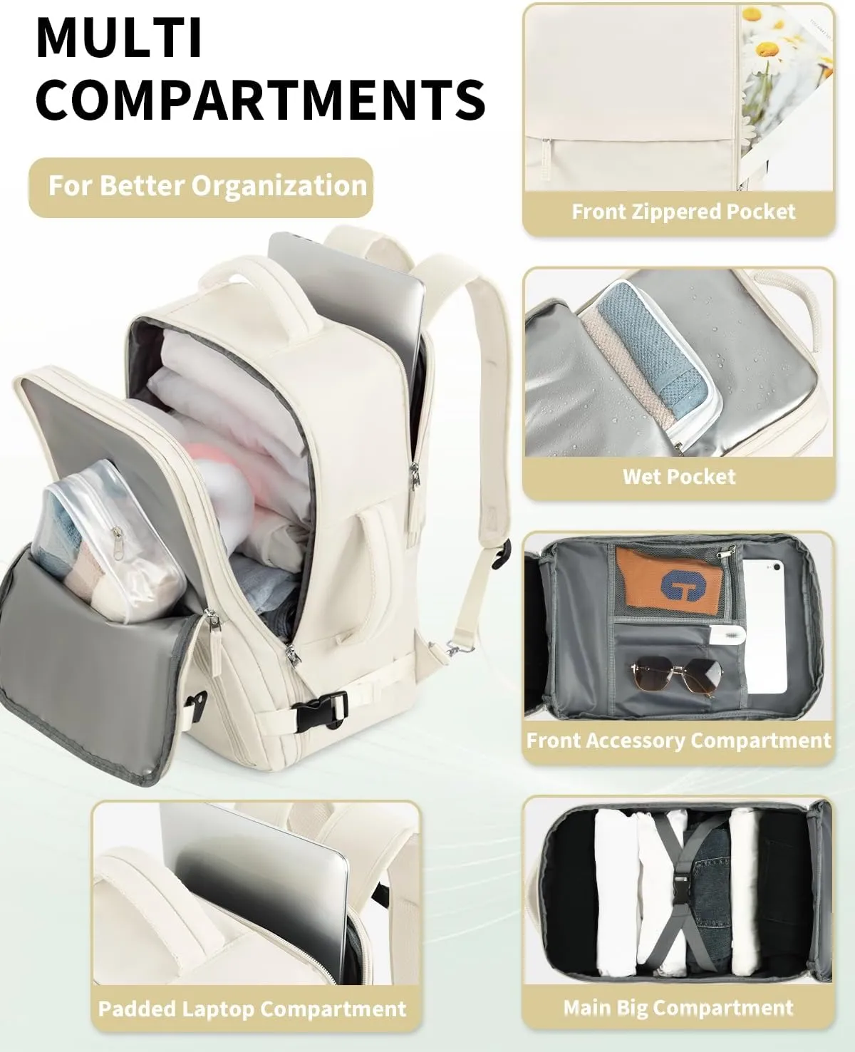 Travel Backpack for Women Men, Carry On Backpacks Personal Item Bag, TSA 17 Inch Laptop Bags, Waterproof Backpack Flight Approved, Nurse Bag Casual Daypack for School, Business, College, Beige