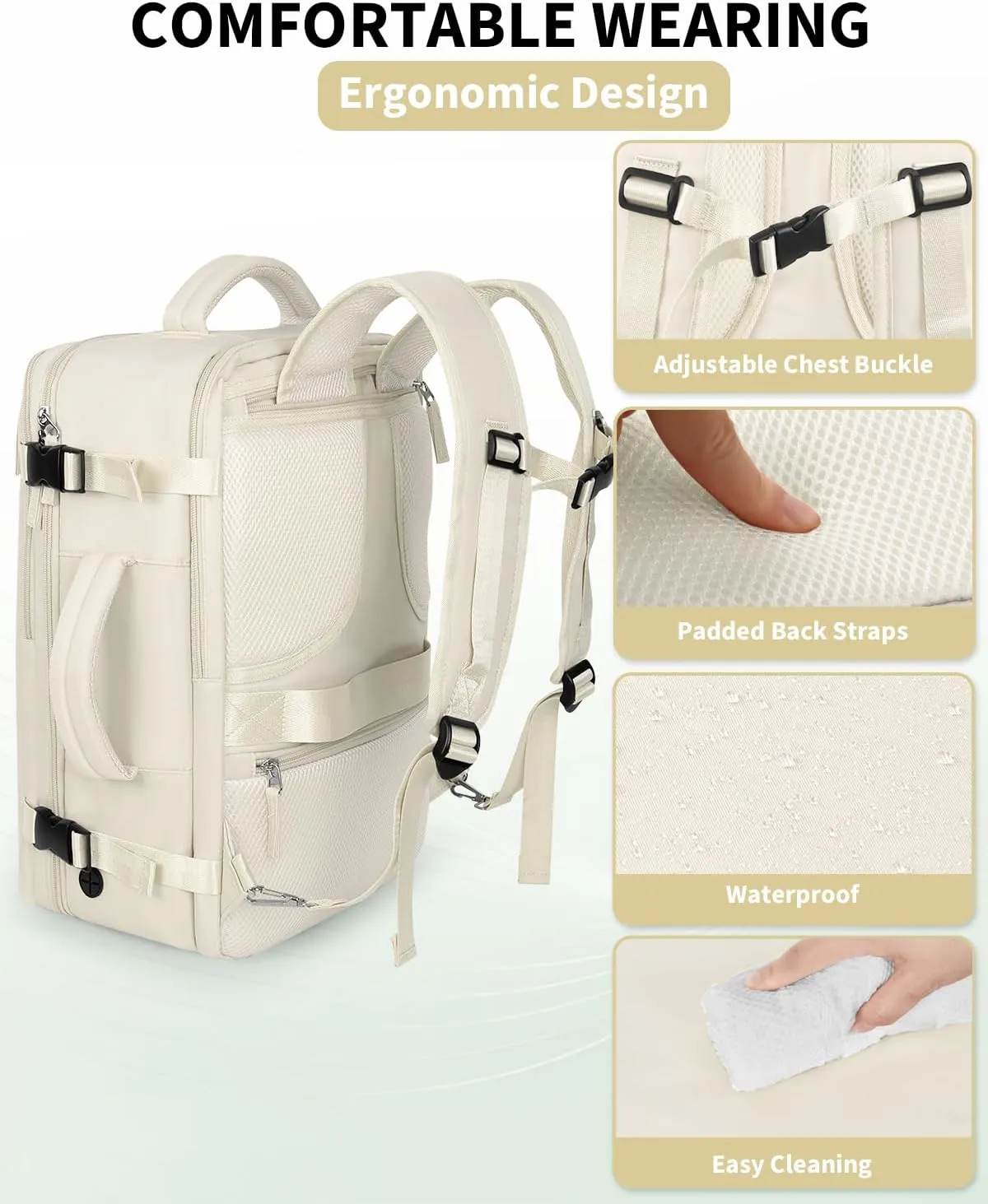 Travel Backpack for Women Men, Carry On Backpacks Personal Item Bag, TSA 17 Inch Laptop Bags, Waterproof Backpack Flight Approved, Nurse Bag Casual Daypack for School, Business, College, Beige
