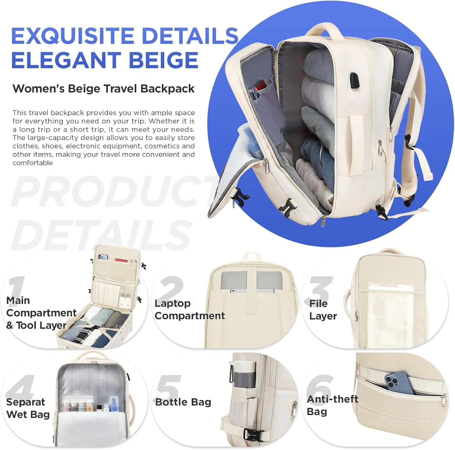 Travel Backpack for Women Men, Large Hand Luggage Backpack, Expandable Hand Luggage Bag, 17'' Laptop Backpack for Outdoor Hiking Business Trip, Beige