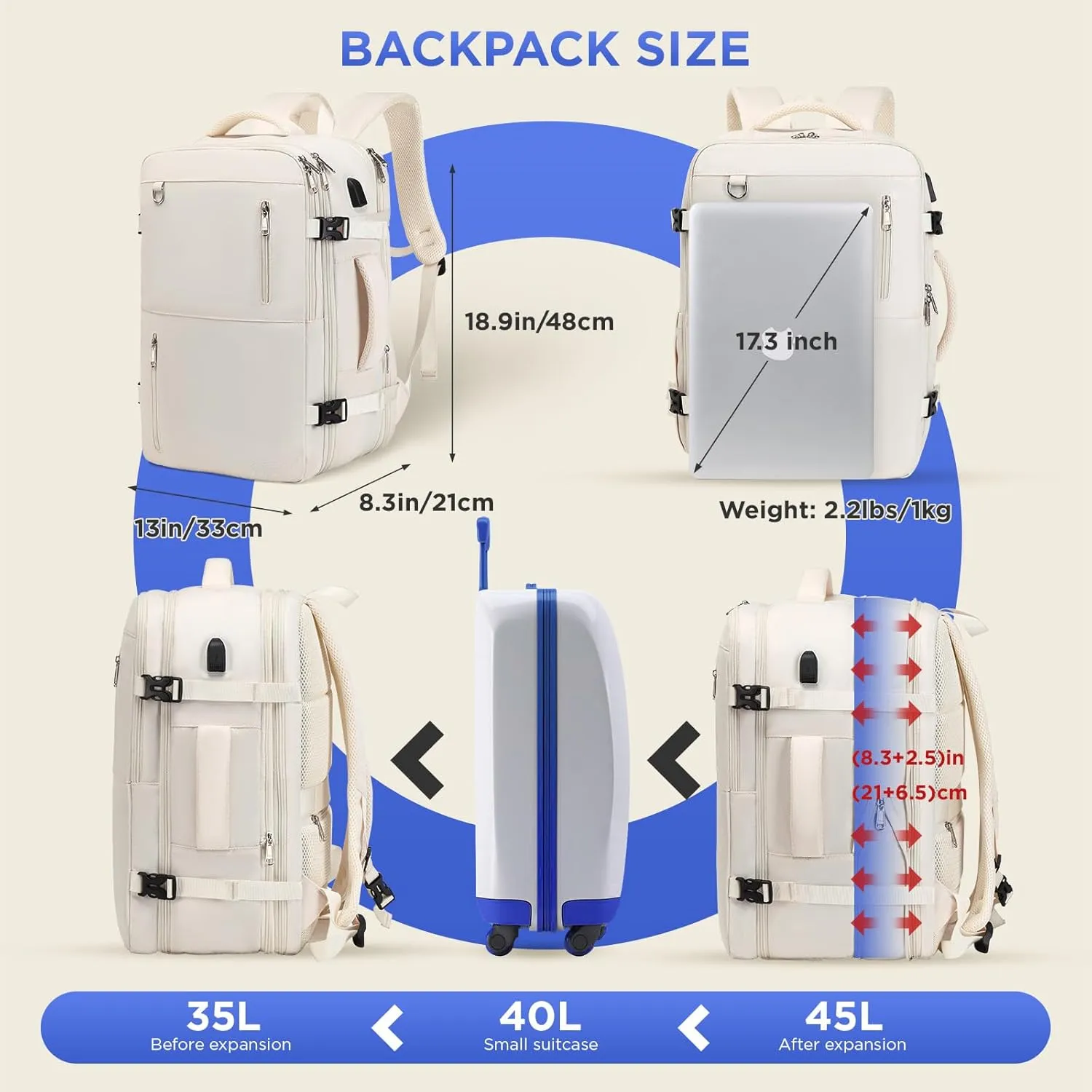 Travel Backpack for Women Men, Large Hand Luggage Backpack, Expandable Hand Luggage Bag, 17'' Laptop Backpack for Outdoor Hiking Business Trip, Beige