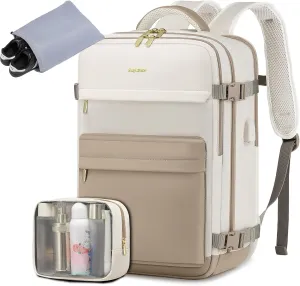 Travel Backpack for Women, TSA Carry On Backpack Flight Approved Luggage, 35L Water Resistant Personal Item Daypack Large Weekender Bag fit 17 inch Laptop with Toiletry & Shoe Bag, Beige