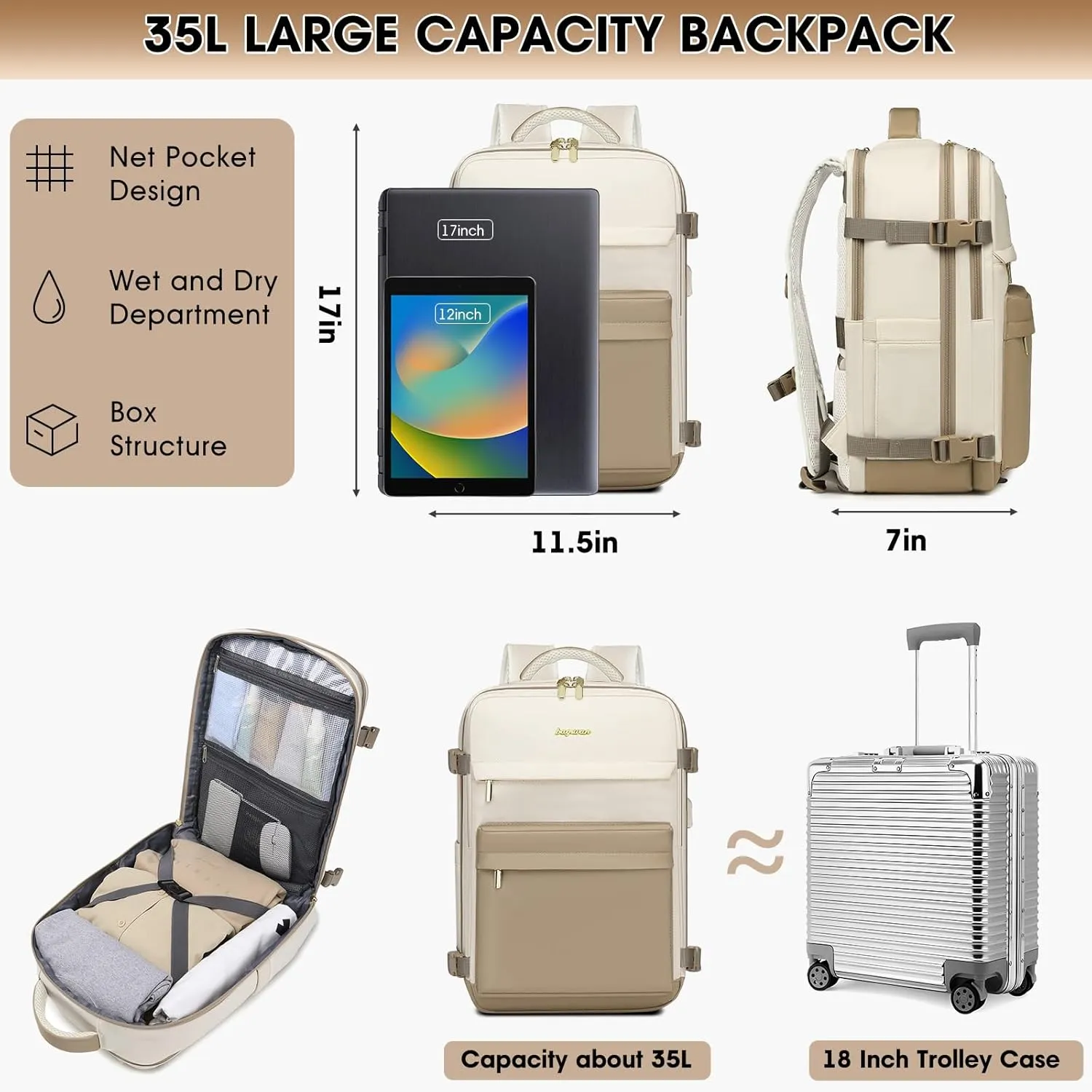 Travel Backpack for Women, TSA Carry On Backpack Flight Approved Luggage, 35L Water Resistant Personal Item Daypack Large Weekender Bag fit 17 inch Laptop with Toiletry & Shoe Bag, Beige