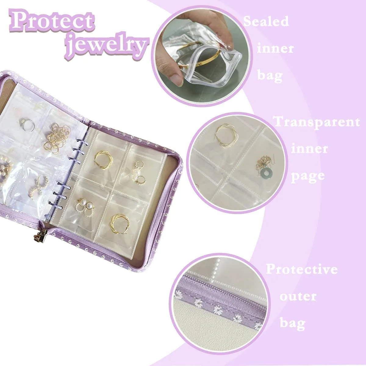 Travel Jewelry Organizer Case,Jewelry Storage Book with 45 Portable Thick PVC Pouches,Jewelry Organizer Zipper Bags for Necklaces Bracelet Rings and Earrings (front cover removable)