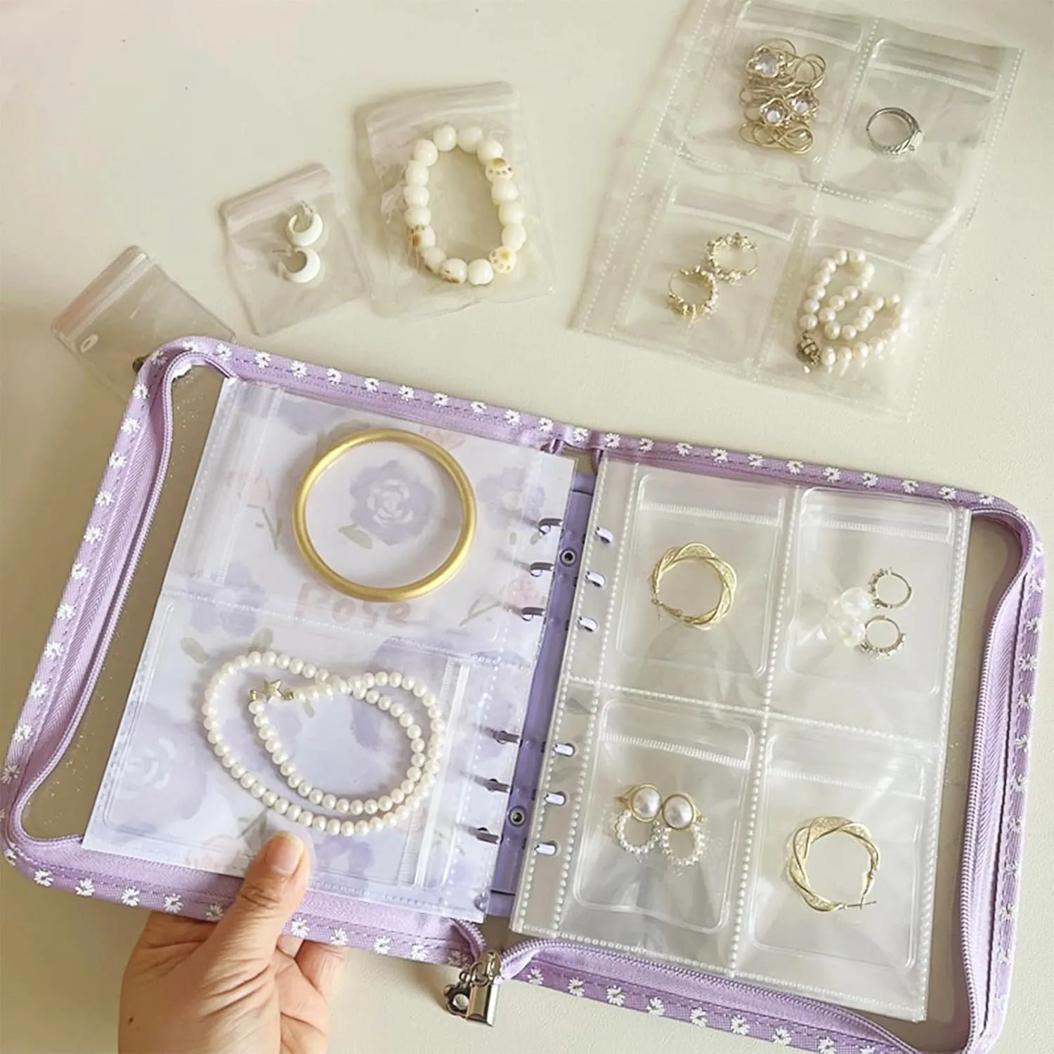 Travel Jewelry Organizer Case,Jewelry Storage Book with 45 Portable Thick PVC Pouches,Jewelry Organizer Zipper Bags for Necklaces Bracelet Rings and Earrings (front cover removable)
