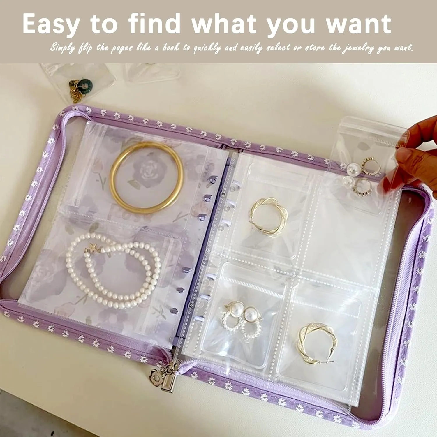 Travel Jewelry Organizer Case,Jewelry Storage Book with 45 Portable Thick PVC Pouches,Jewelry Organizer Zipper Bags for Necklaces Bracelet Rings and Earrings (front cover removable)