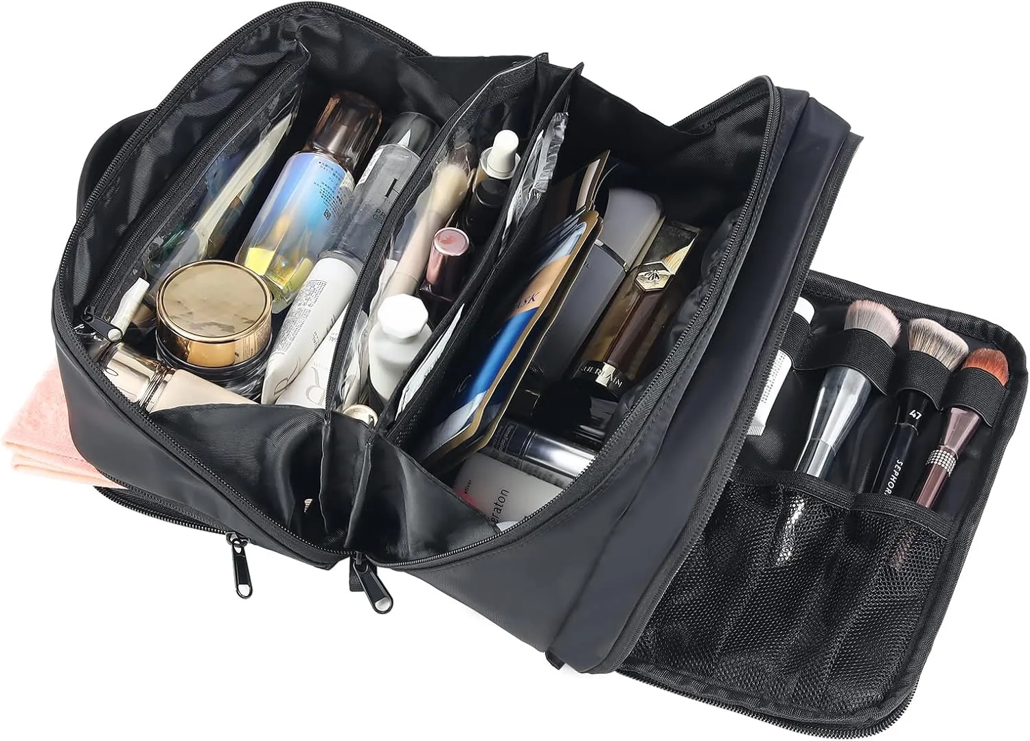 Travel Makeup Bag Organizer Cosmetic Bag for Women,Waterproof Toiletry Bag Quilted Makeup Travel Bag for traveling women,Large Make Up Bag with 3 Compartments,Flat-Opening,Black (Patented)