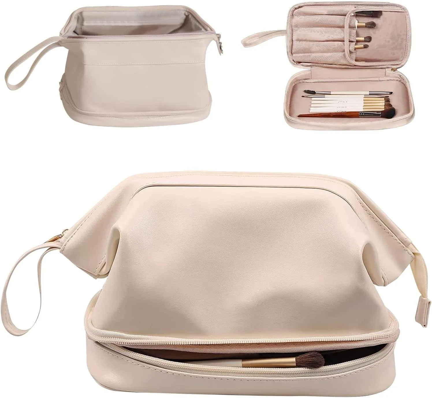 Travel Makeup Bag Waterproof Cosmetic Bag, Portable Drawstring Travel Makeup Bag Large Double Layer Make Up Brush Bags Leather Multifunctional Makeup Organizer Bag for Women Girls (White)